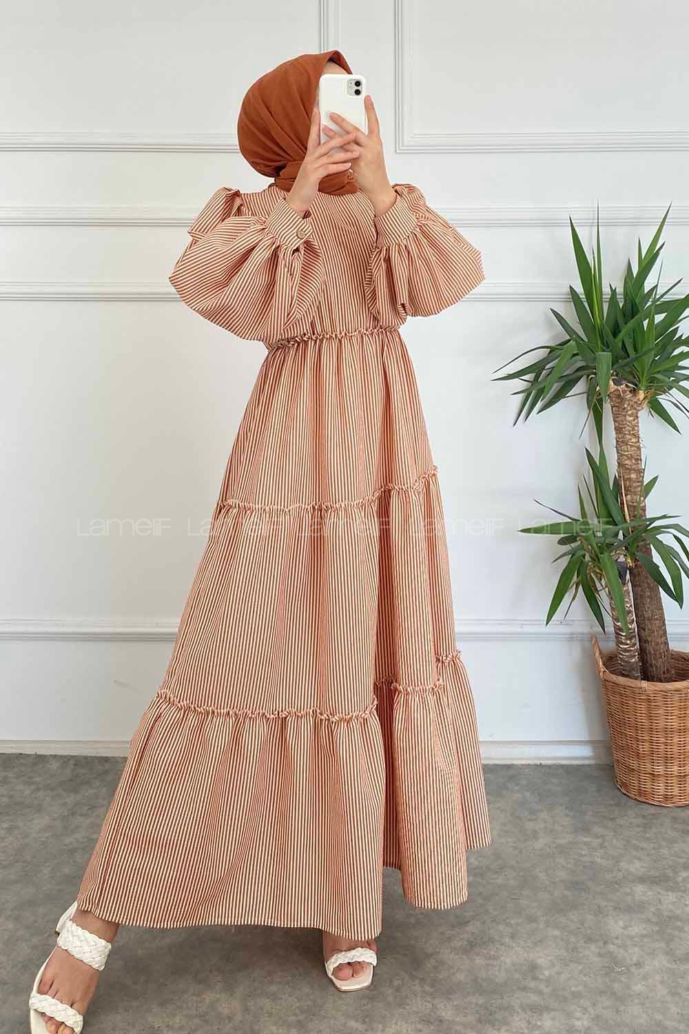 Modalamelif Balon Kol Çizgi Desenli Fırfırlı Elbise Taba