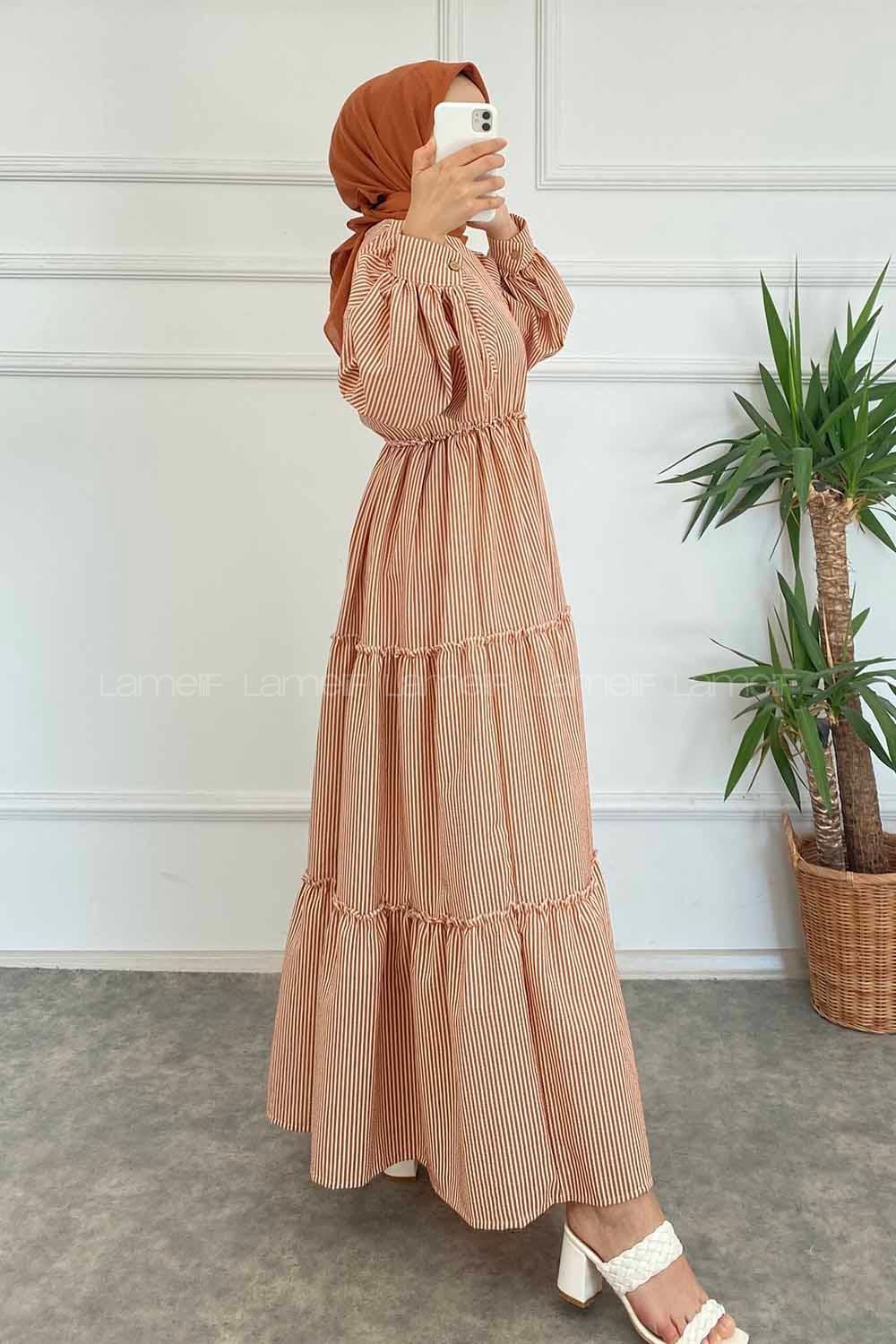 Modalamelif Balon Kol Çizgi Desenli Fırfırlı Elbise Taba