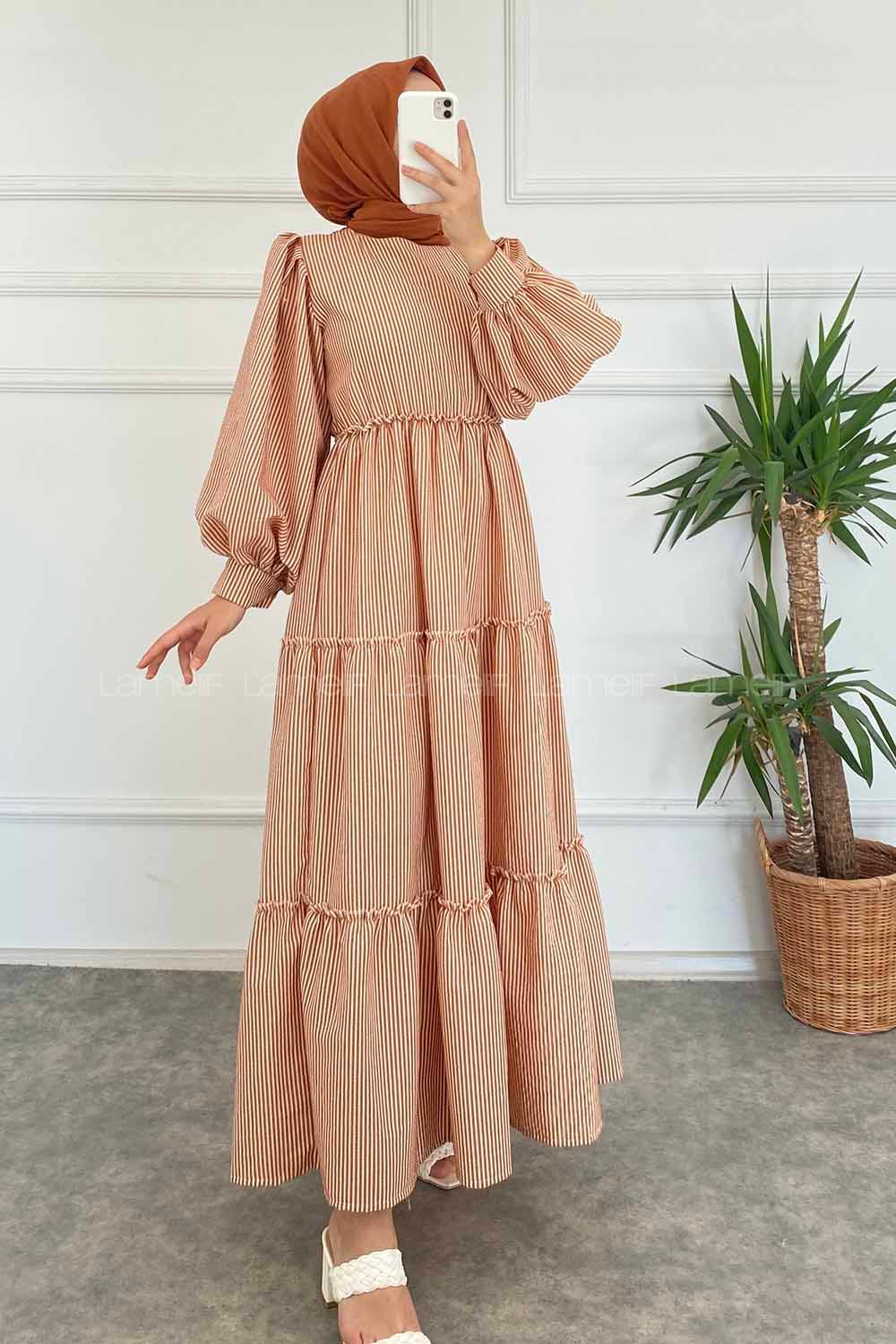 Modalamelif Balon Kol Çizgi Desenli Fırfırlı Elbise Taba