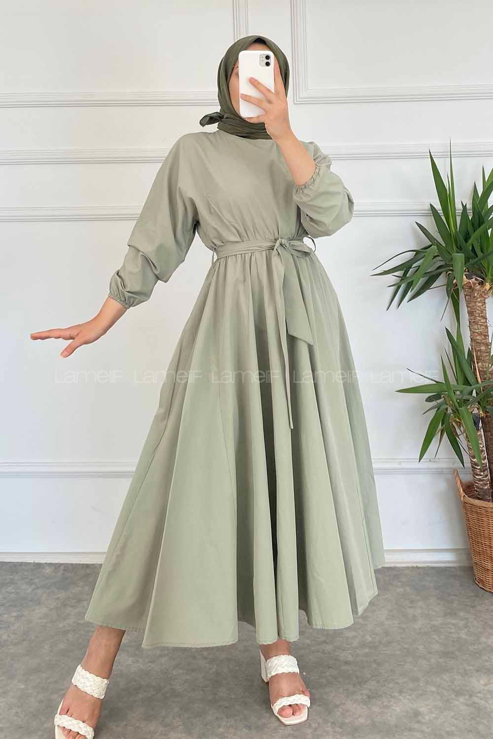 Modalamelif Beli Kuşak Bağlamalı Mevlana Elbise Çağla Yeşil