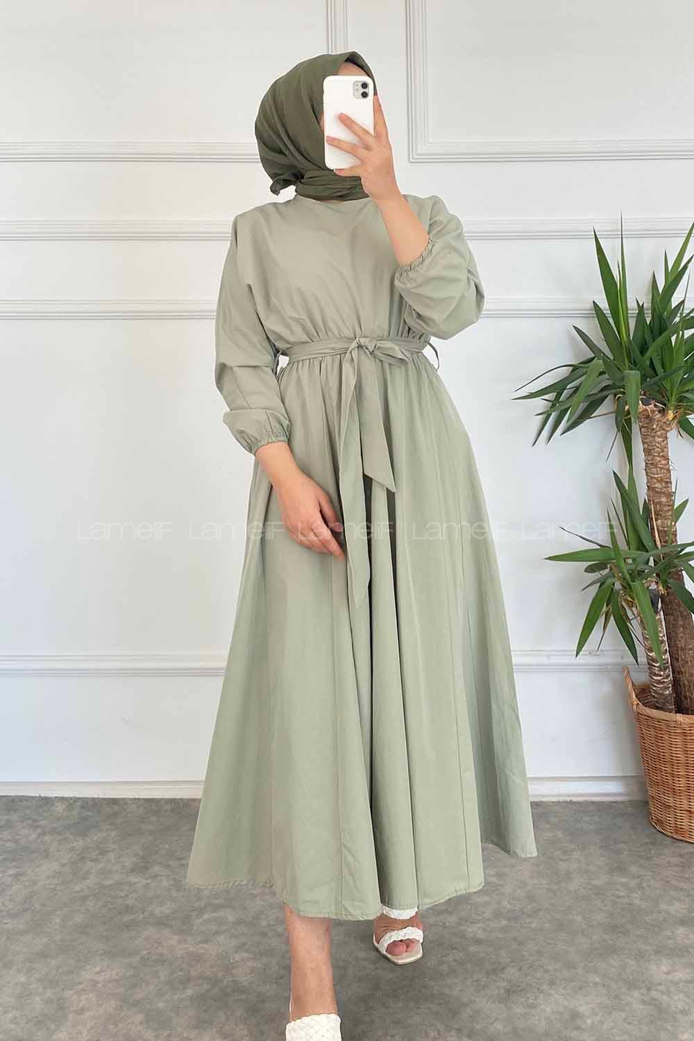 Modalamelif Beli Kuşak Bağlamalı Mevlana Elbise Çağla Yeşil