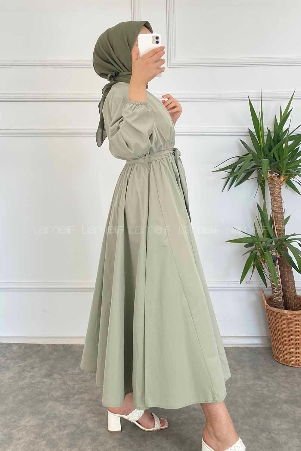 Modalamelif Beli Kuşak Bağlamalı Mevlana Elbise Çağla Yeşil