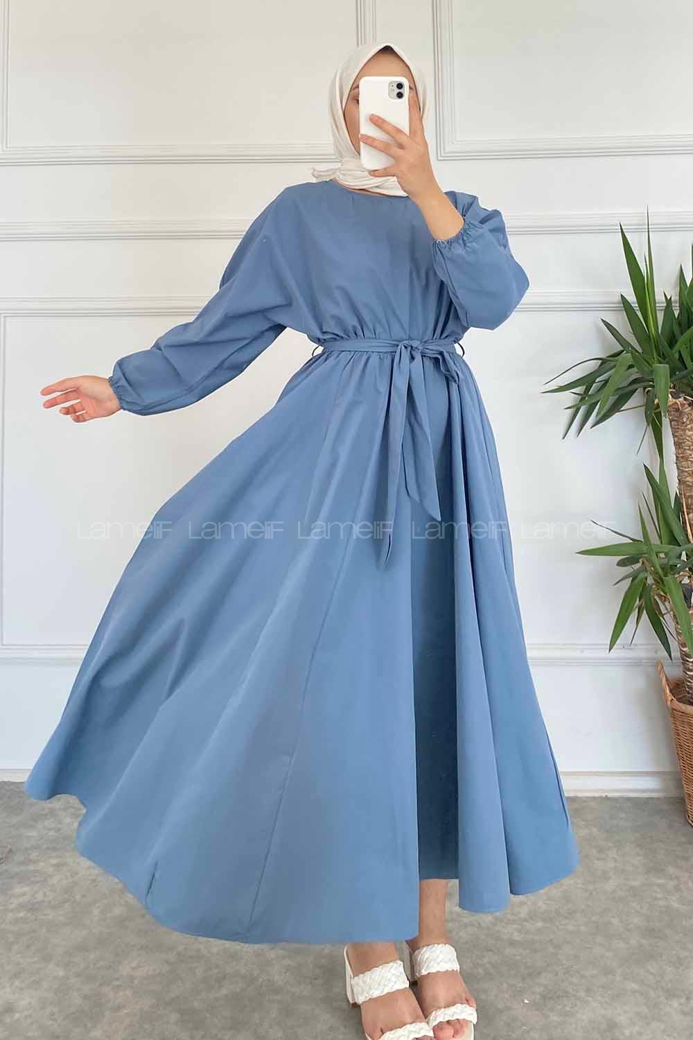 Modalamelif Beli Kuşak Bağlamalı Mevlana Elbise İndigo