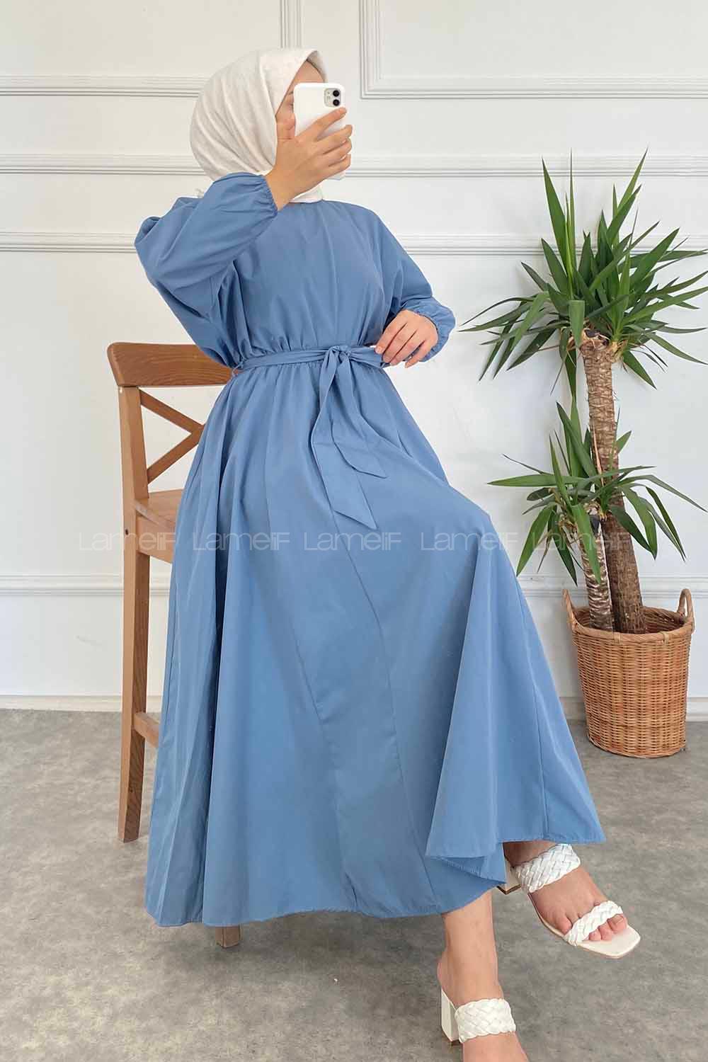 Modalamelif Beli Kuşak Bağlamalı Mevlana Elbise İndigo