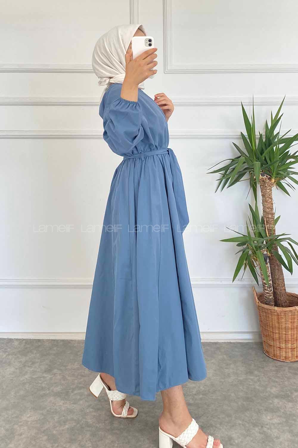 Modalamelif Beli Kuşak Bağlamalı Mevlana Elbise İndigo