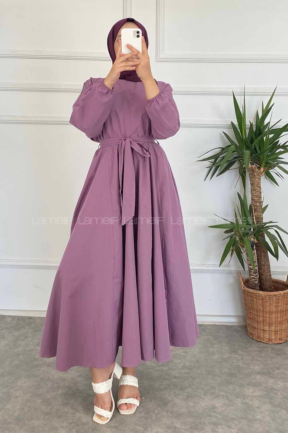 Modalamelif Beli Kuşak Bağlamalı Mevlana Elbise Lila