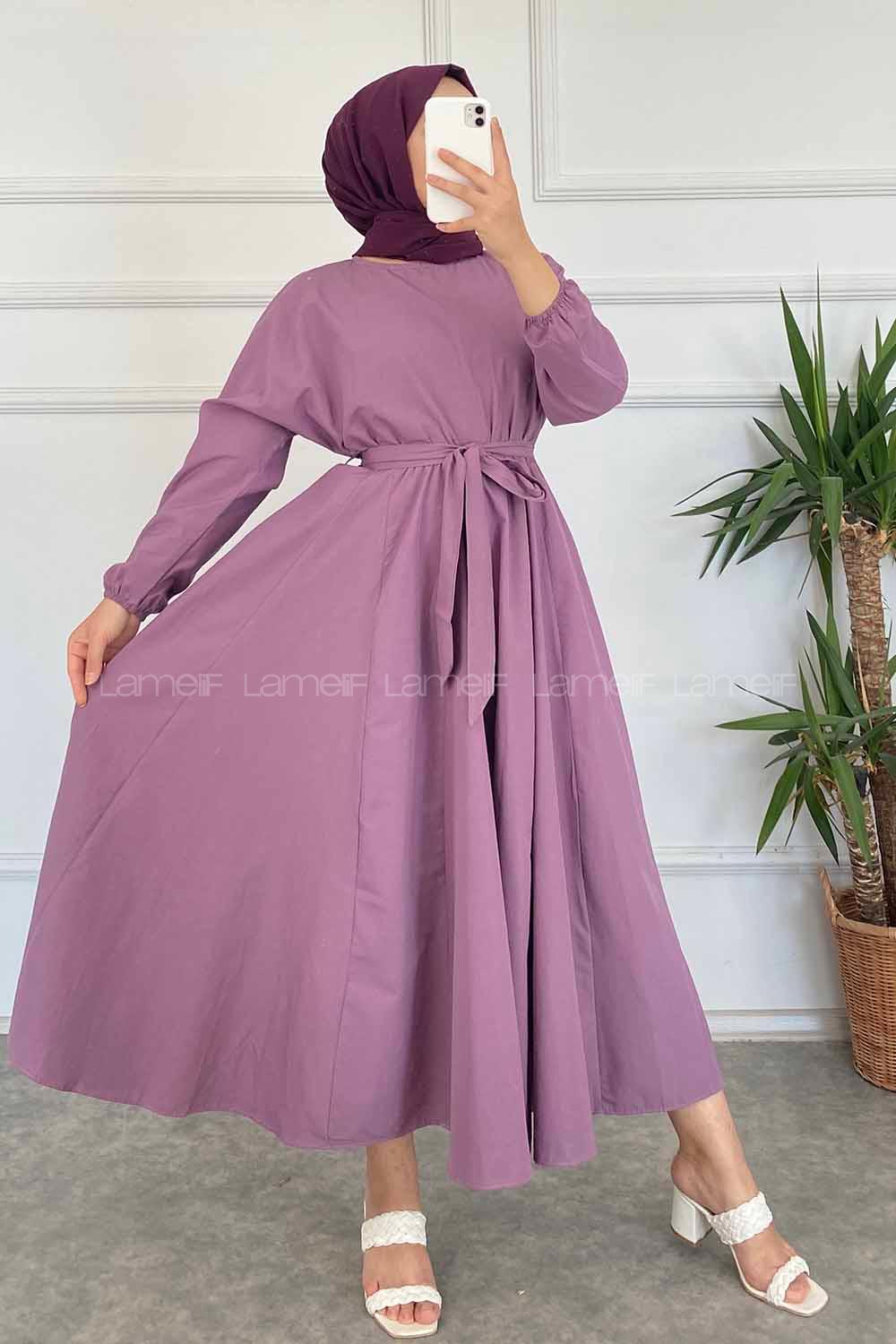 Modalamelif Beli Kuşak Bağlamalı Mevlana Elbise Lila