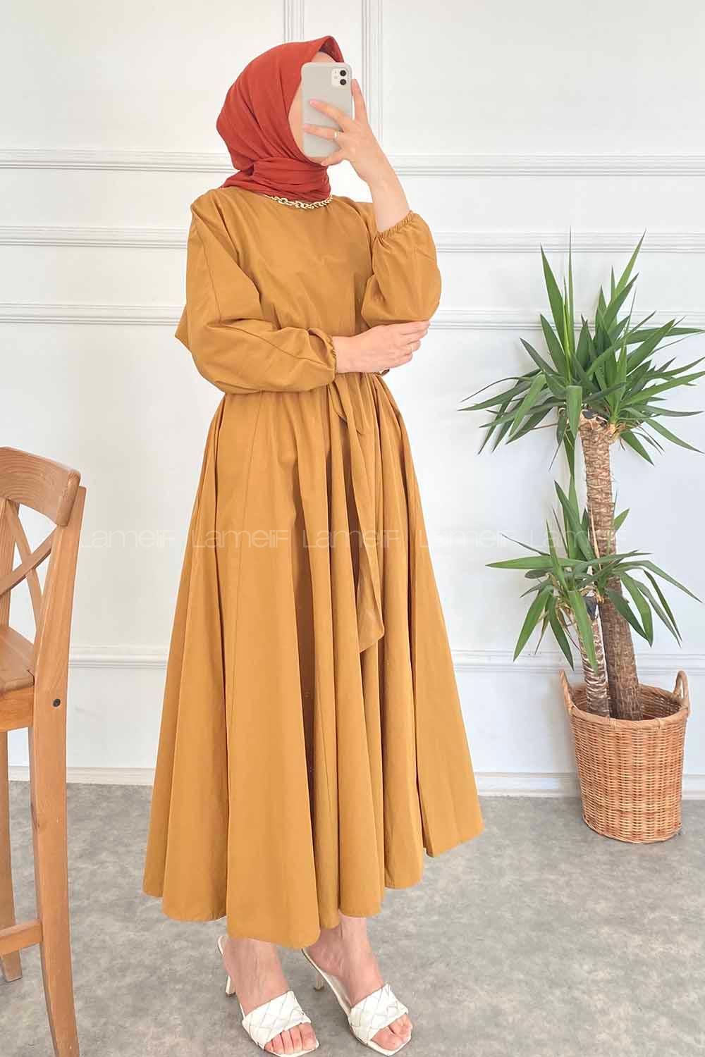 Modalamelif Beli Kuşak Bağlamalı Mevlana Elbise Taba