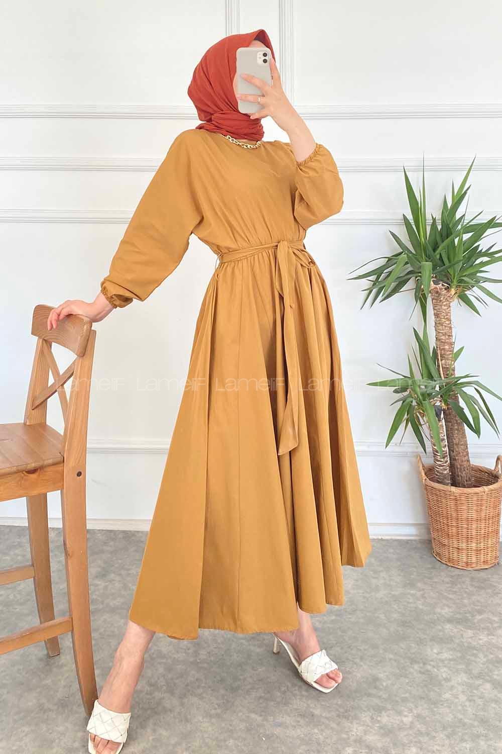 Modalamelif Beli Kuşak Bağlamalı Mevlana Elbise Taba