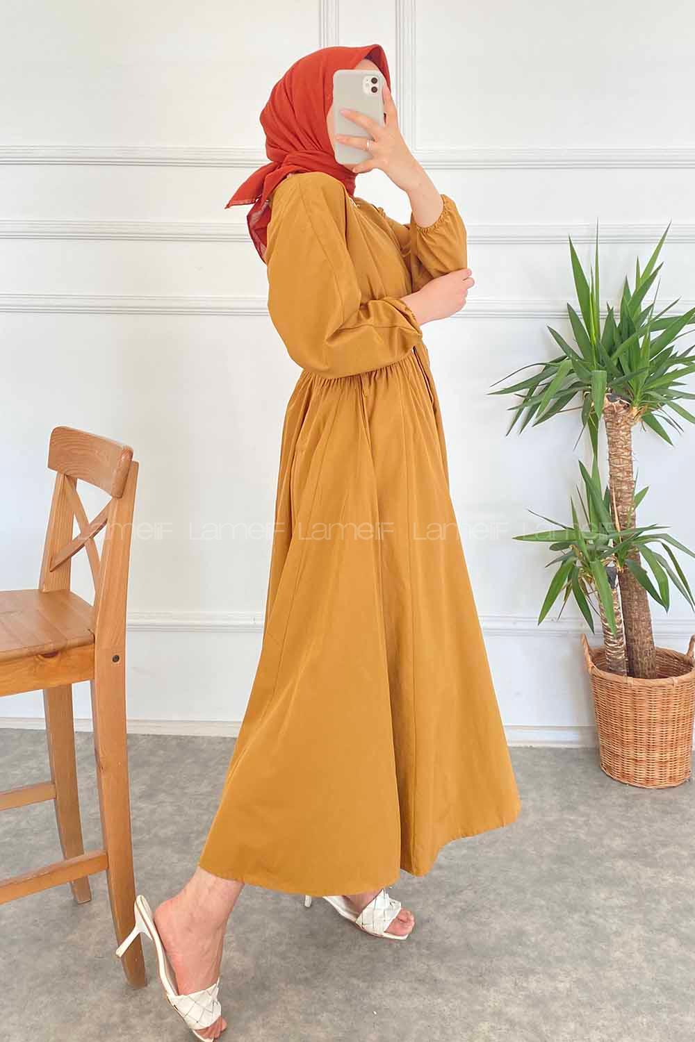 Modalamelif Beli Kuşak Bağlamalı Mevlana Elbise Taba