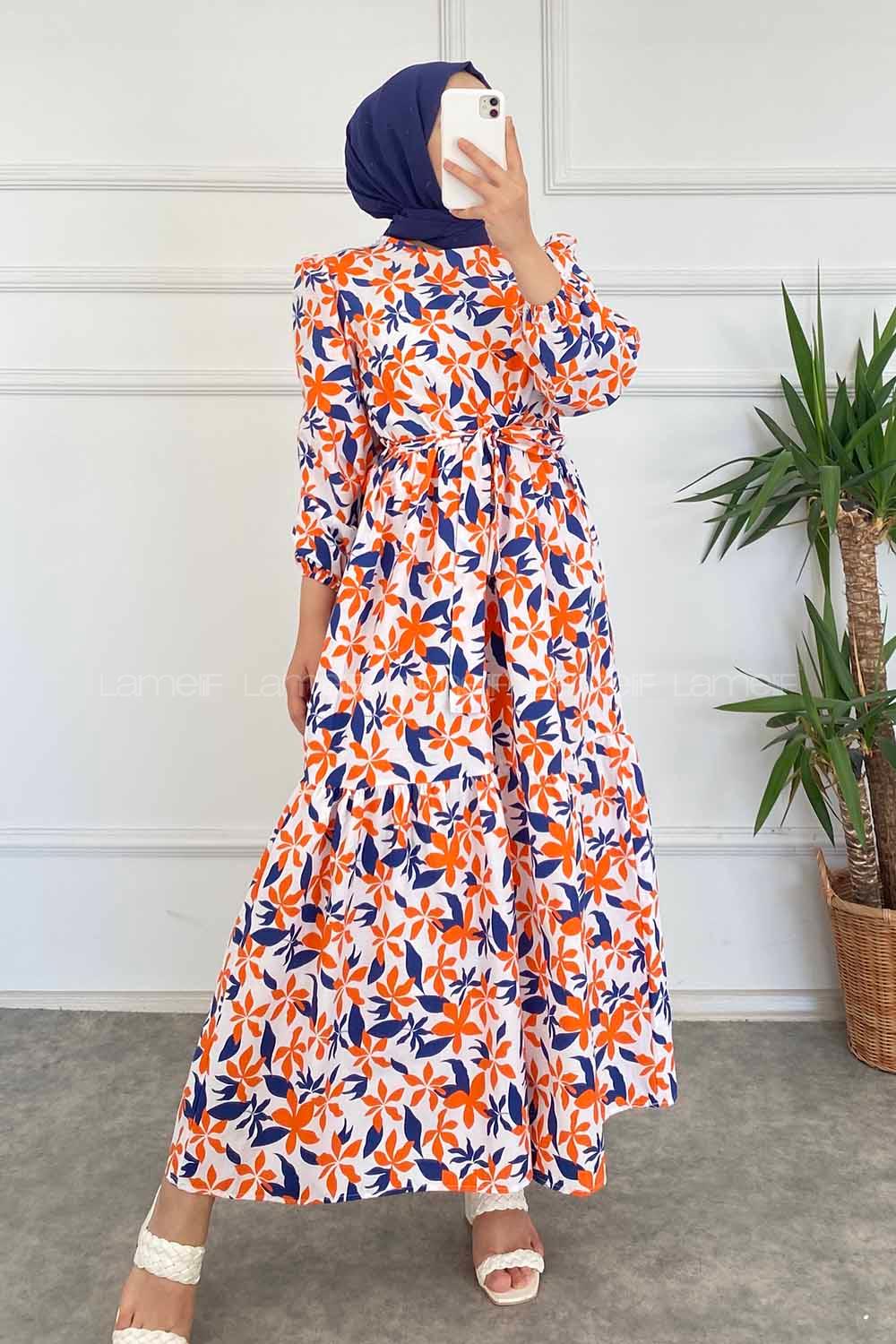 Modalamelif Beli Kuşak Detaylı Çiçek Desen Elbise Lacivert-Oranj