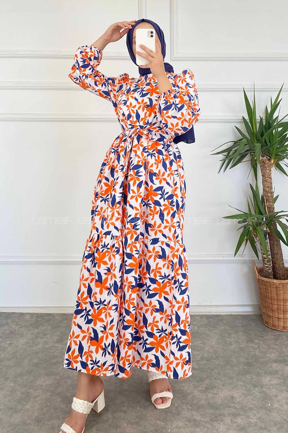 Modalamelif Beli Kuşak Detaylı Çiçek Desen Elbise Lacivert-Oranj