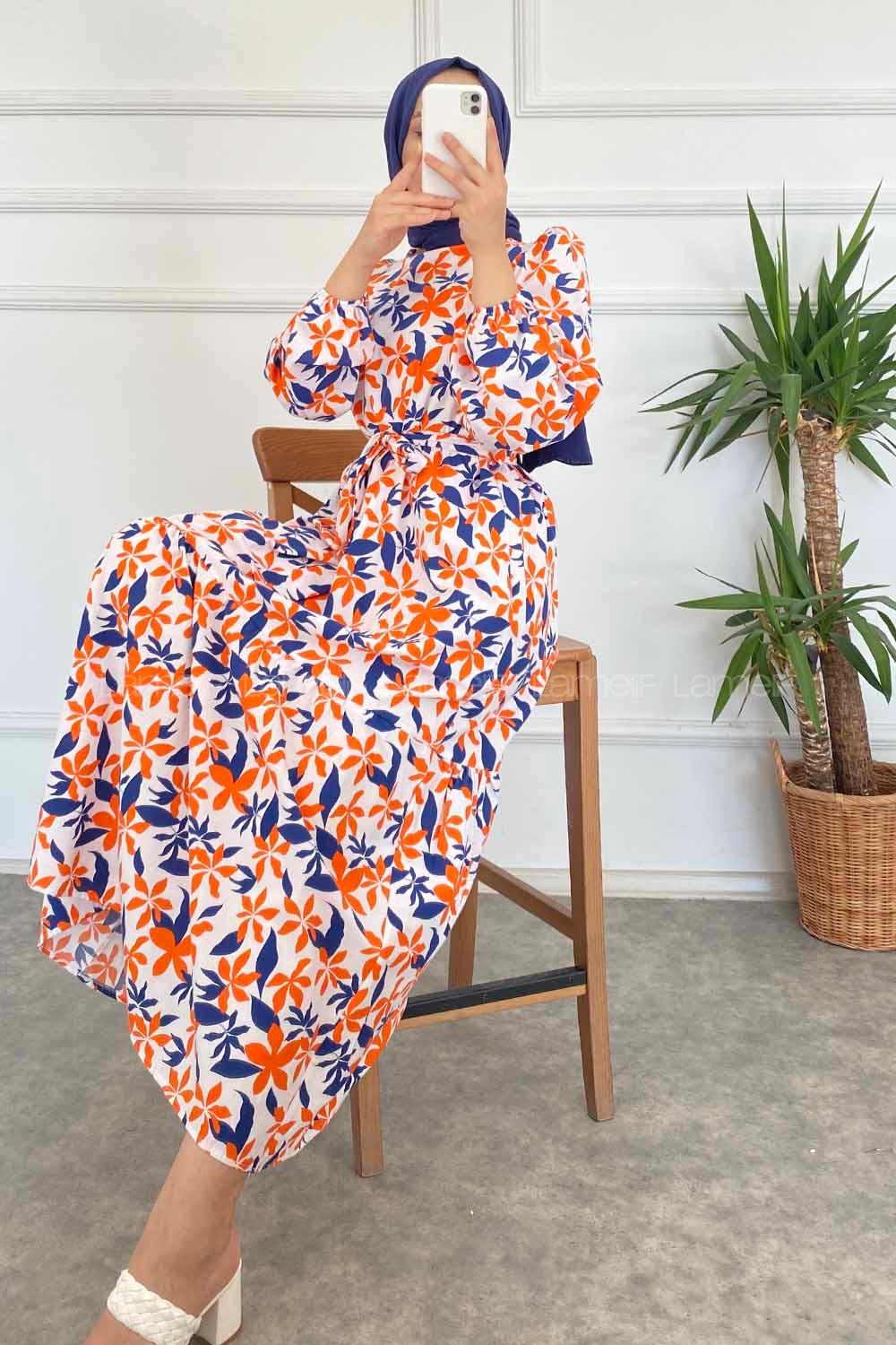 Modalamelif Beli Kuşak Detaylı Çiçek Desen Elbise Lacivert-Oranj