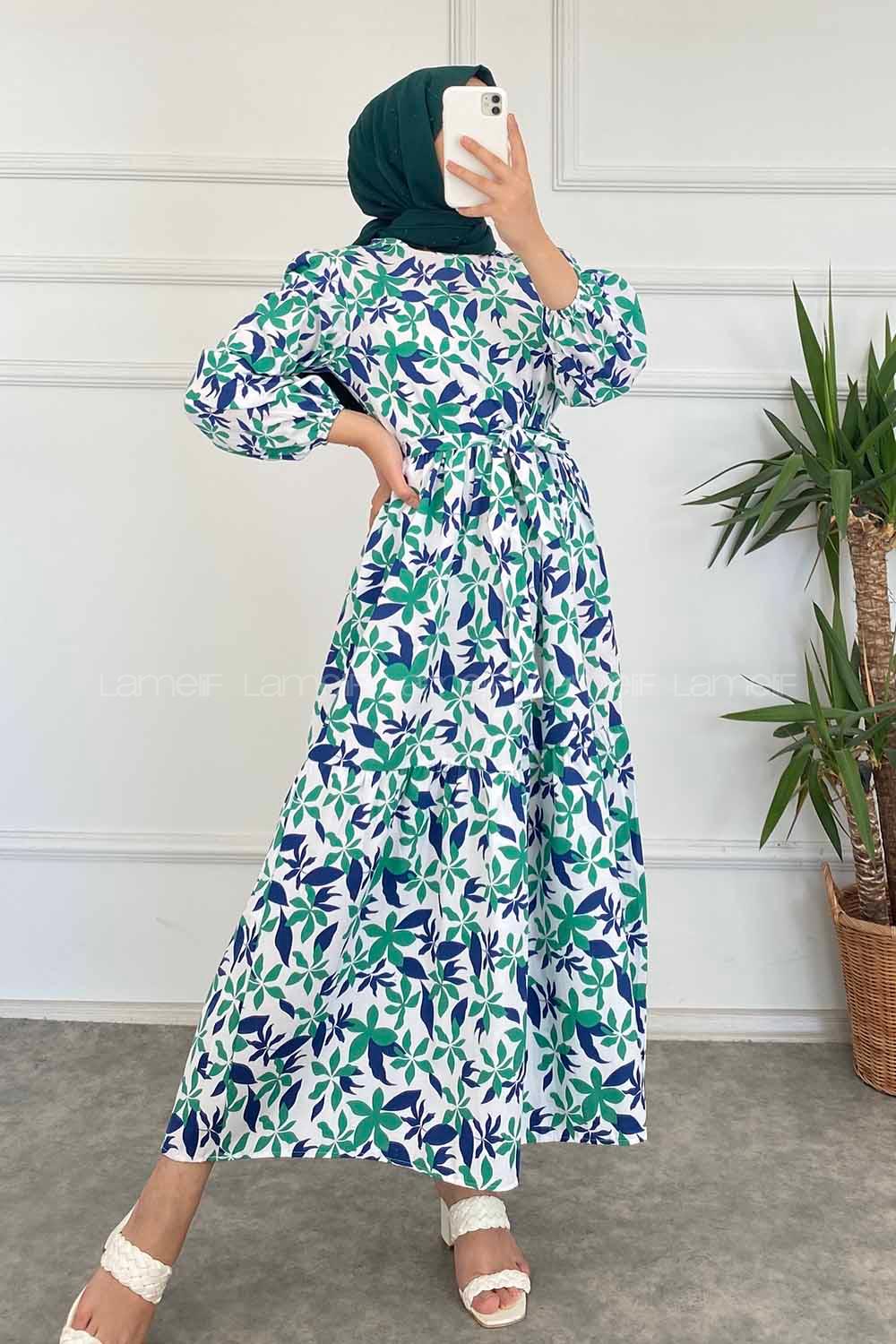 Modalamelif Beli Kuşak Detaylı Çiçek Desen Elbise Lacivert-Yeşil