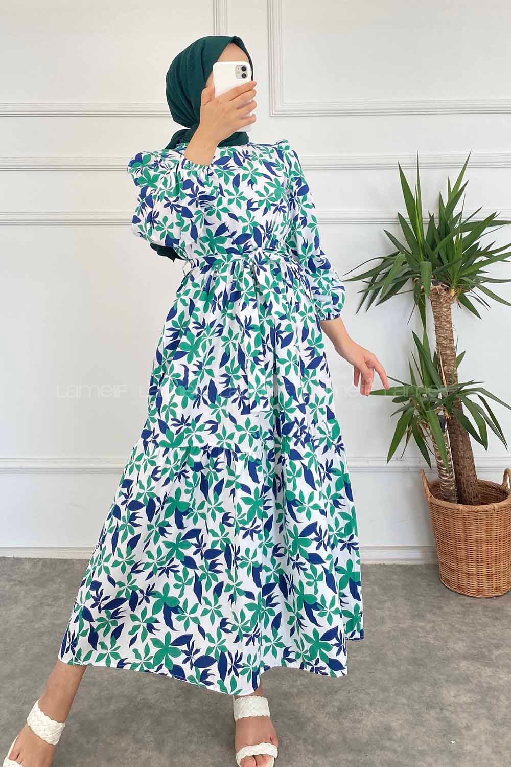 Modalamelif Beli Kuşak Detaylı Çiçek Desen Elbise Lacivert-Yeşil