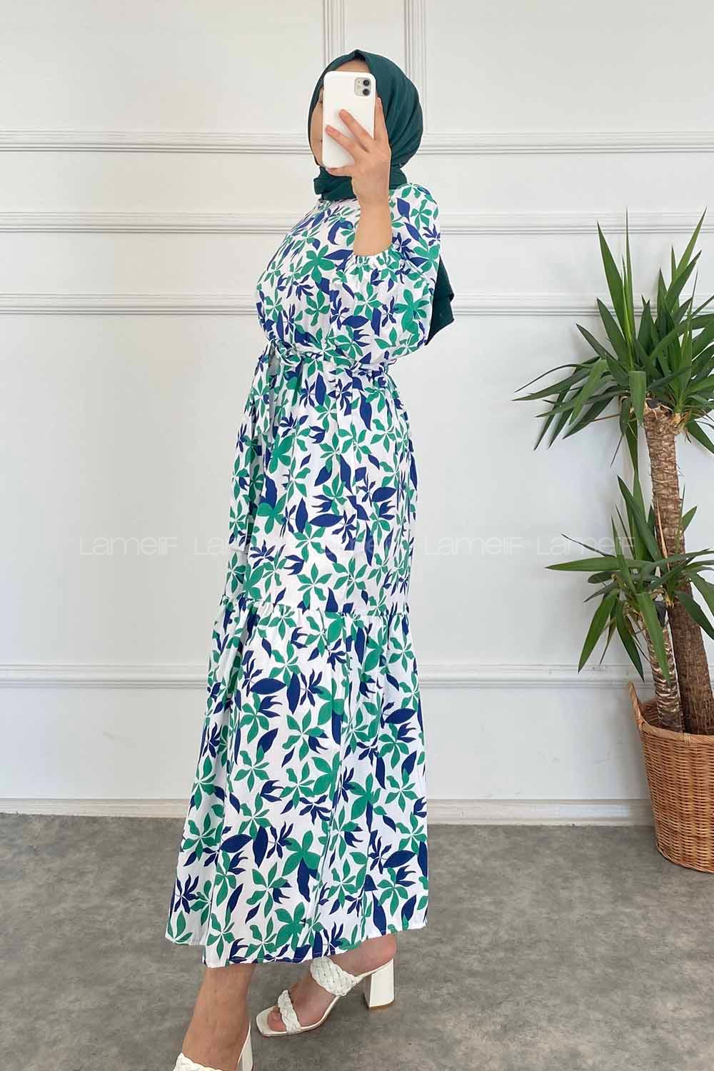 Modalamelif Beli Kuşak Detaylı Çiçek Desen Elbise Lacivert-Yeşil