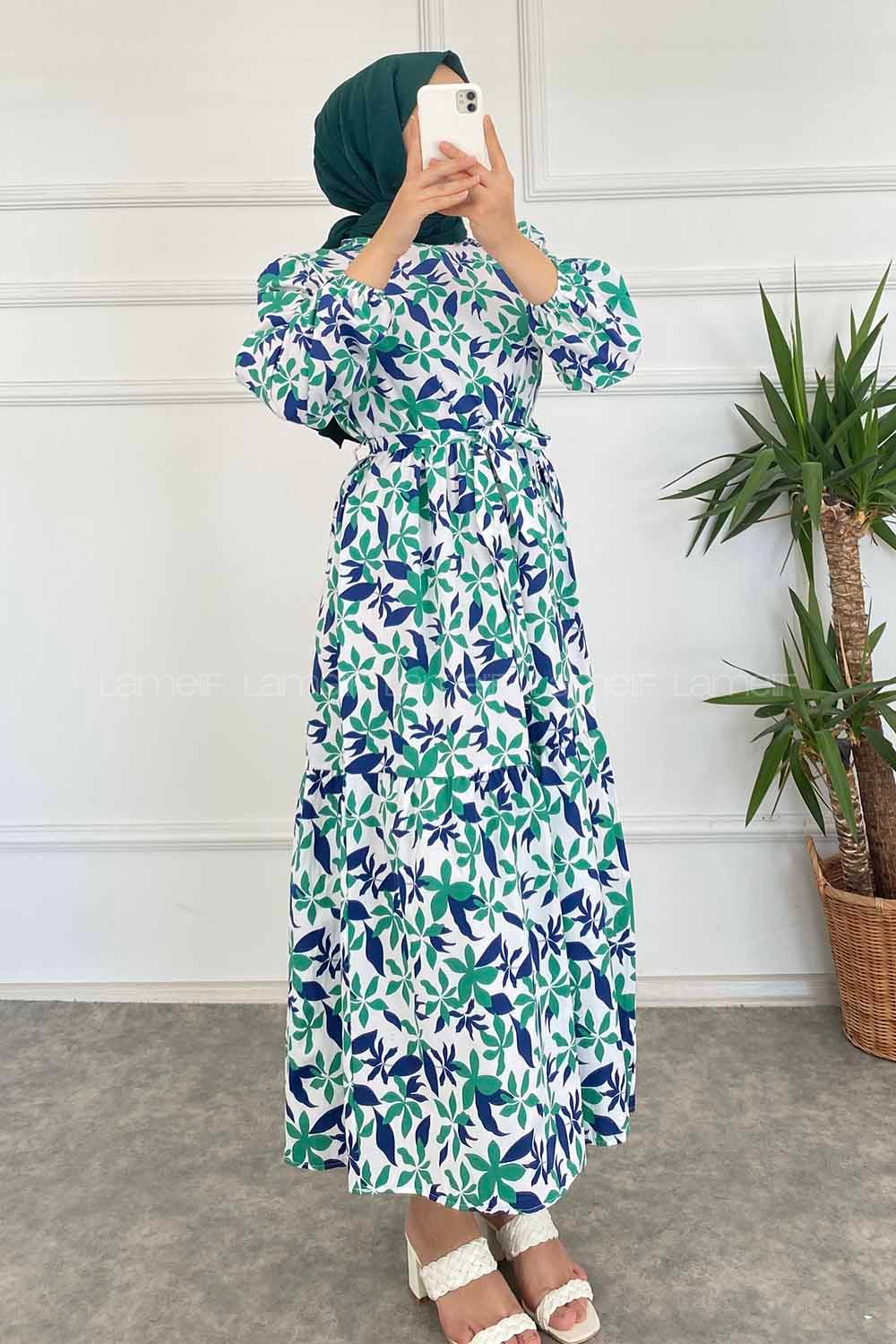 Modalamelif Beli Kuşak Detaylı Çiçek Desen Elbise Lacivert-Yeşil