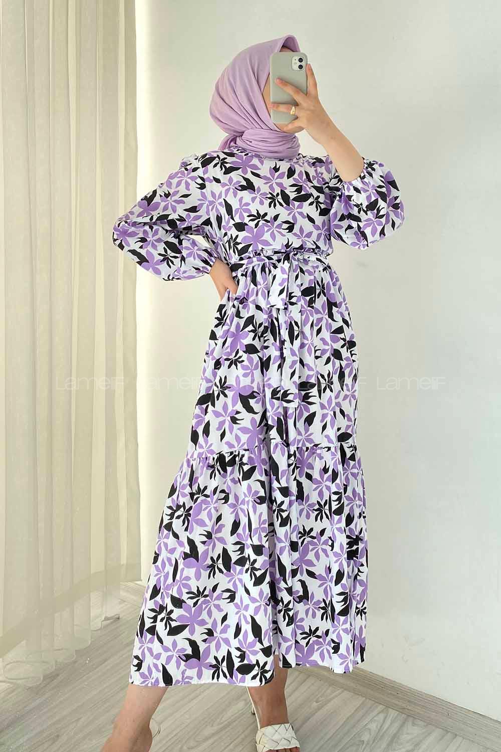Modalamelif Beli Kuşak Detaylı Çiçek Desen Elbise Lila-Siyah
