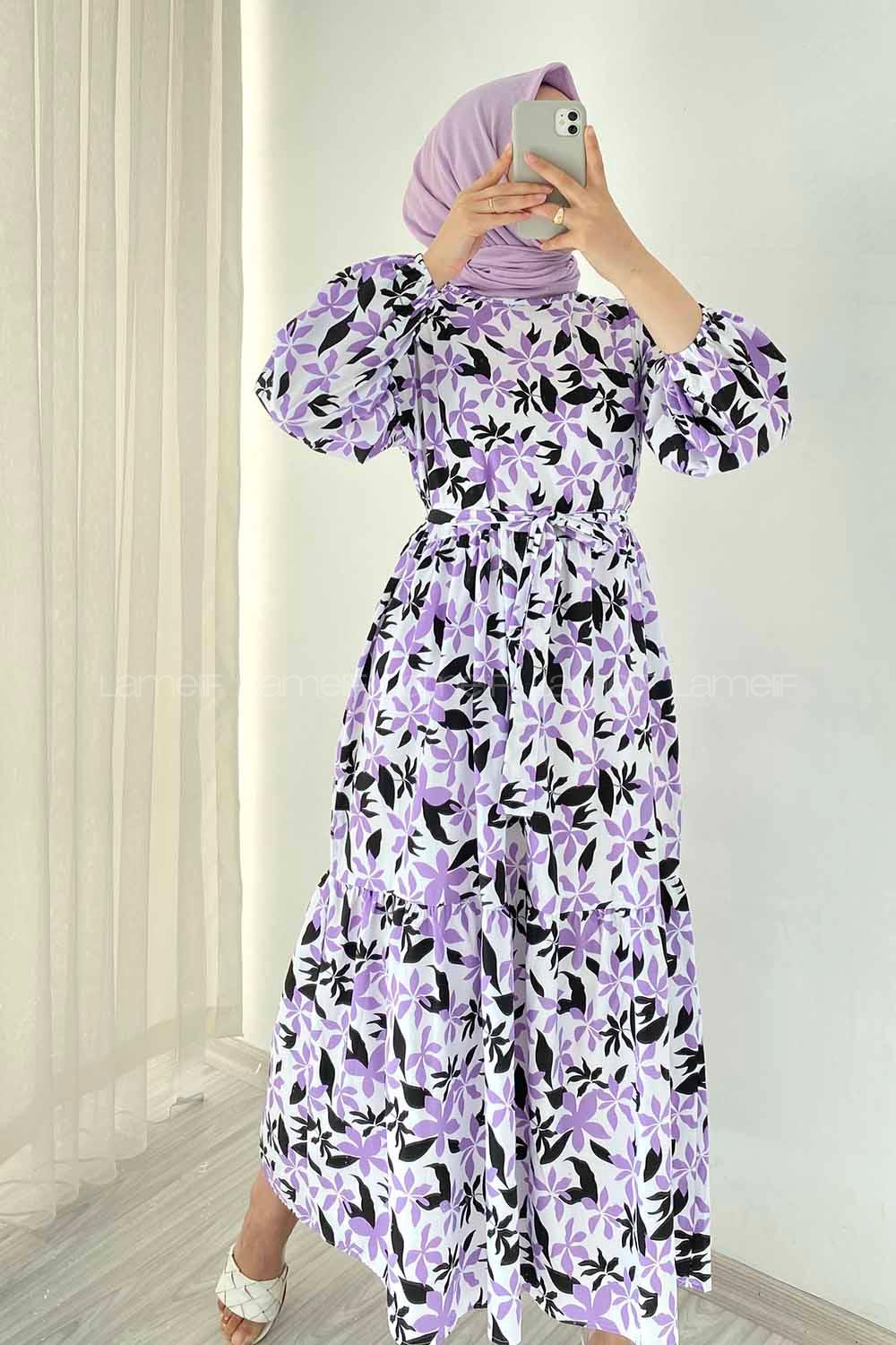 Modalamelif Beli Kuşak Detaylı Çiçek Desen Elbise Lila-Siyah