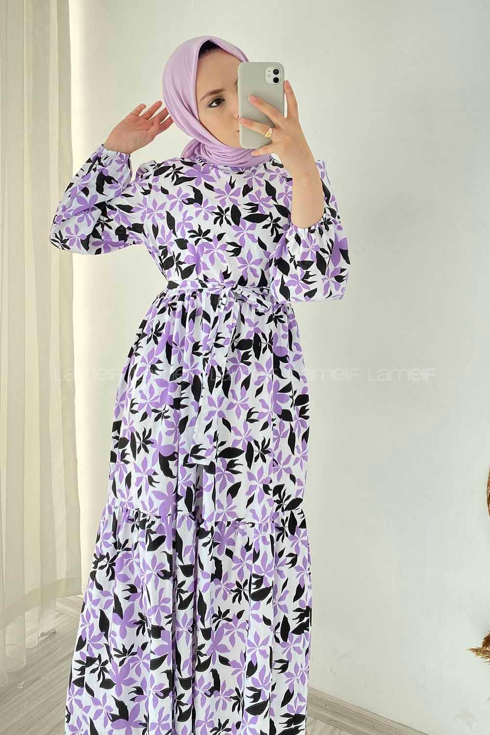 Modalamelif Beli Kuşak Detaylı Çiçek Desen Elbise Lila-Siyah