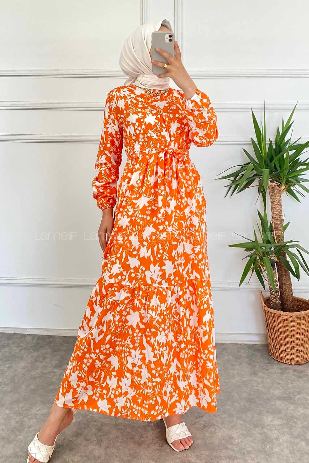 Modalamelif Bisiklet Yaka Beli Kuşaklı Elbise Oranj