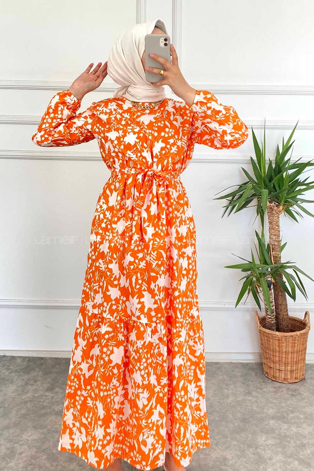 Modalamelif Bisiklet Yaka Beli Kuşaklı Elbise Oranj