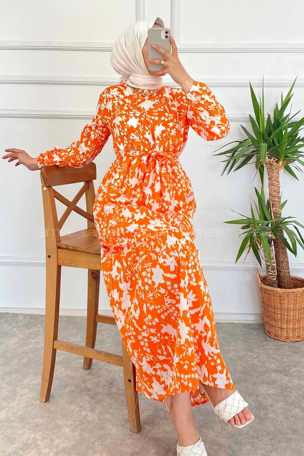 Modalamelif Bisiklet Yaka Beli Kuşaklı Elbise Oranj