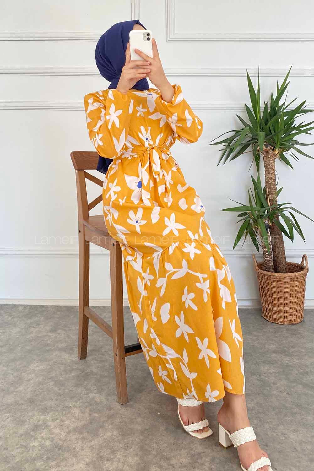 Modalamelif  Yaka Çiçek Desenli Beli Kuşaklı Elbise Hardal Sarısı