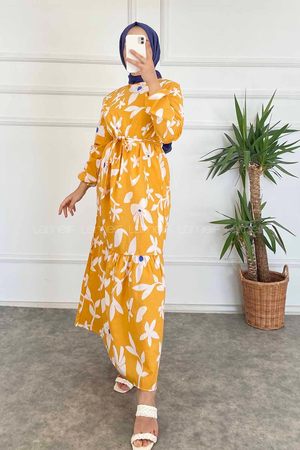 Modalamelif  Yaka Çiçek Desenli Beli Kuşaklı Elbise Hardal Sarısı
