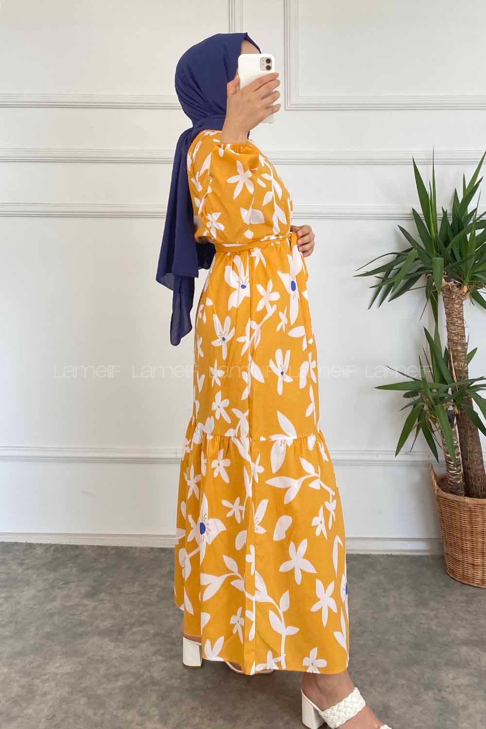 Modalamelif  Yaka Çiçek Desenli Beli Kuşaklı Elbise Hardal Sarısı