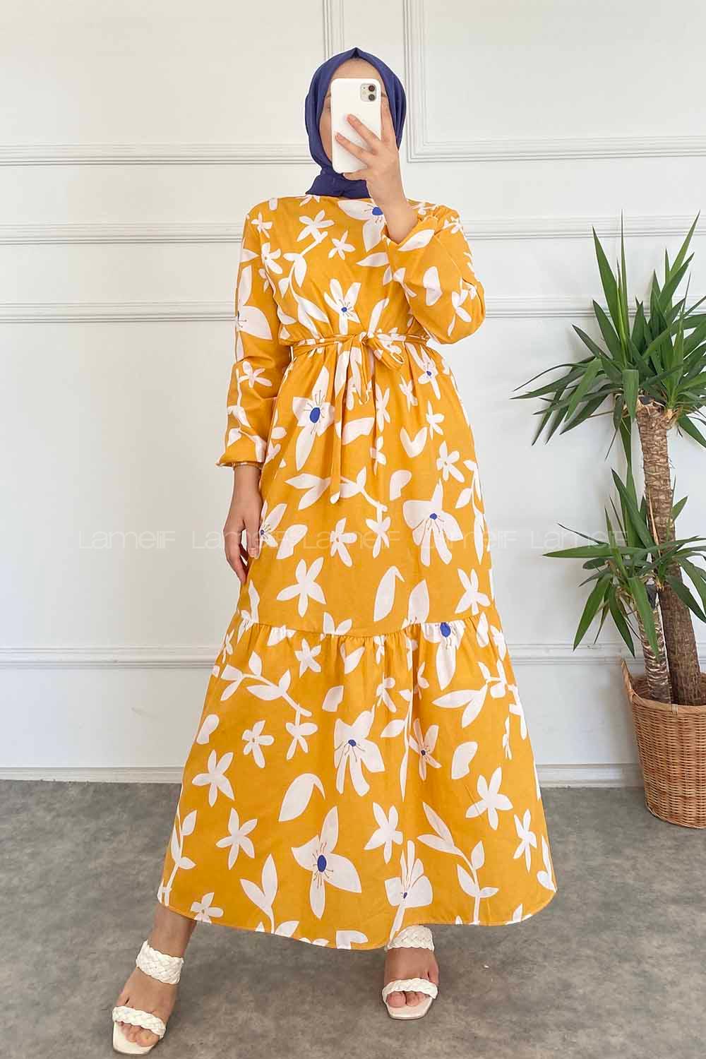 Modalamelif  Yaka Çiçek Desenli Beli Kuşaklı Elbise Hardal Sarısı