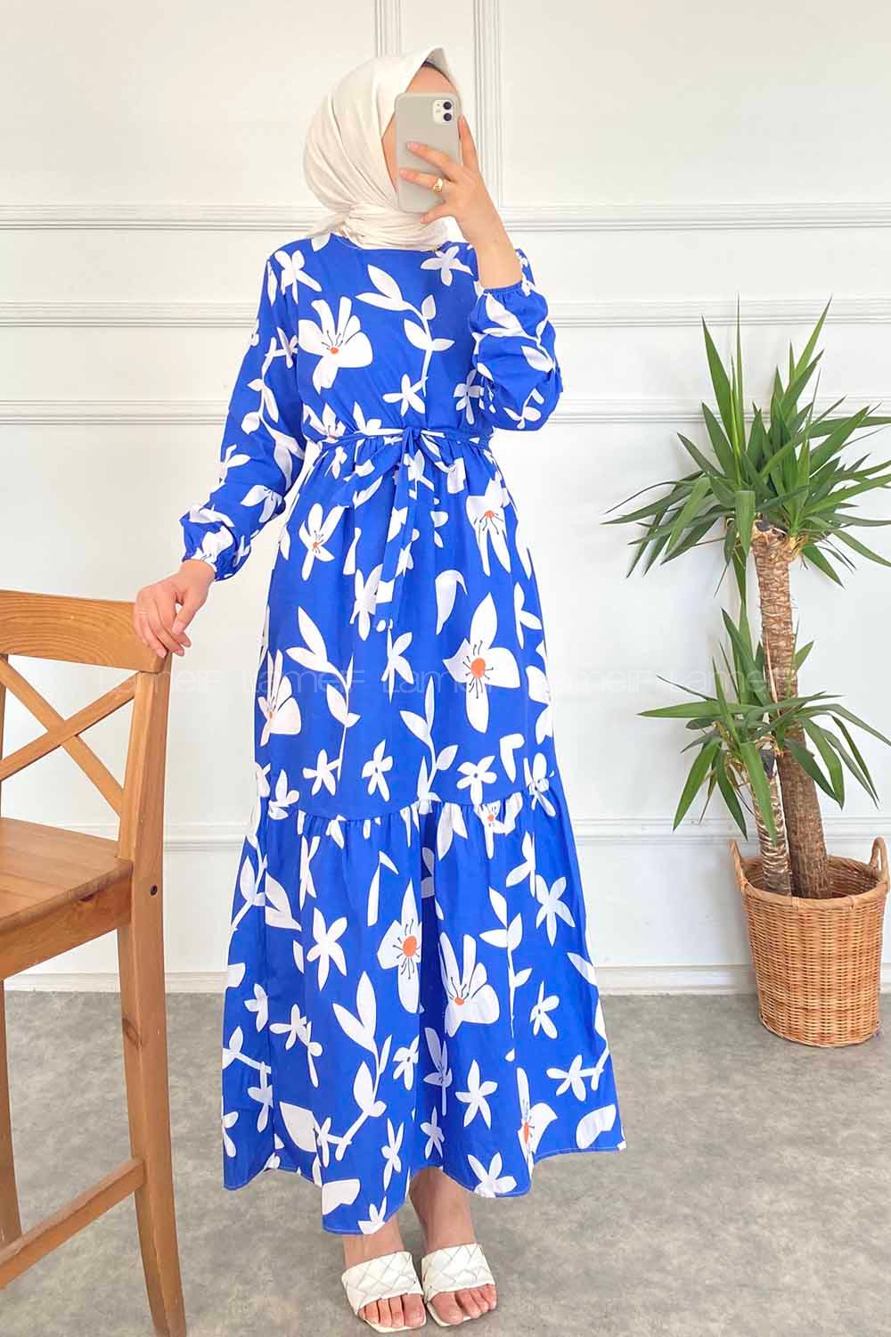 Modalamelif Bisiklet Yaka Çiçek Desenli Beli Kuşaklı Elbise İndigo