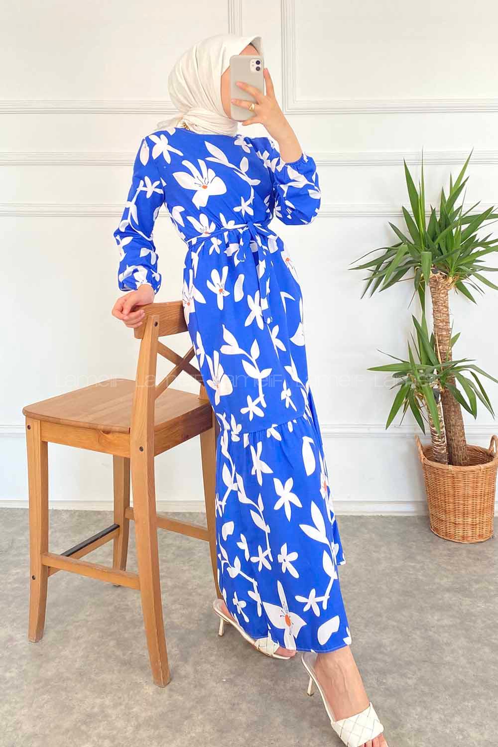 Modalamelif Bisiklet Yaka Çiçek Desenli Beli Kuşaklı Elbise İndigo