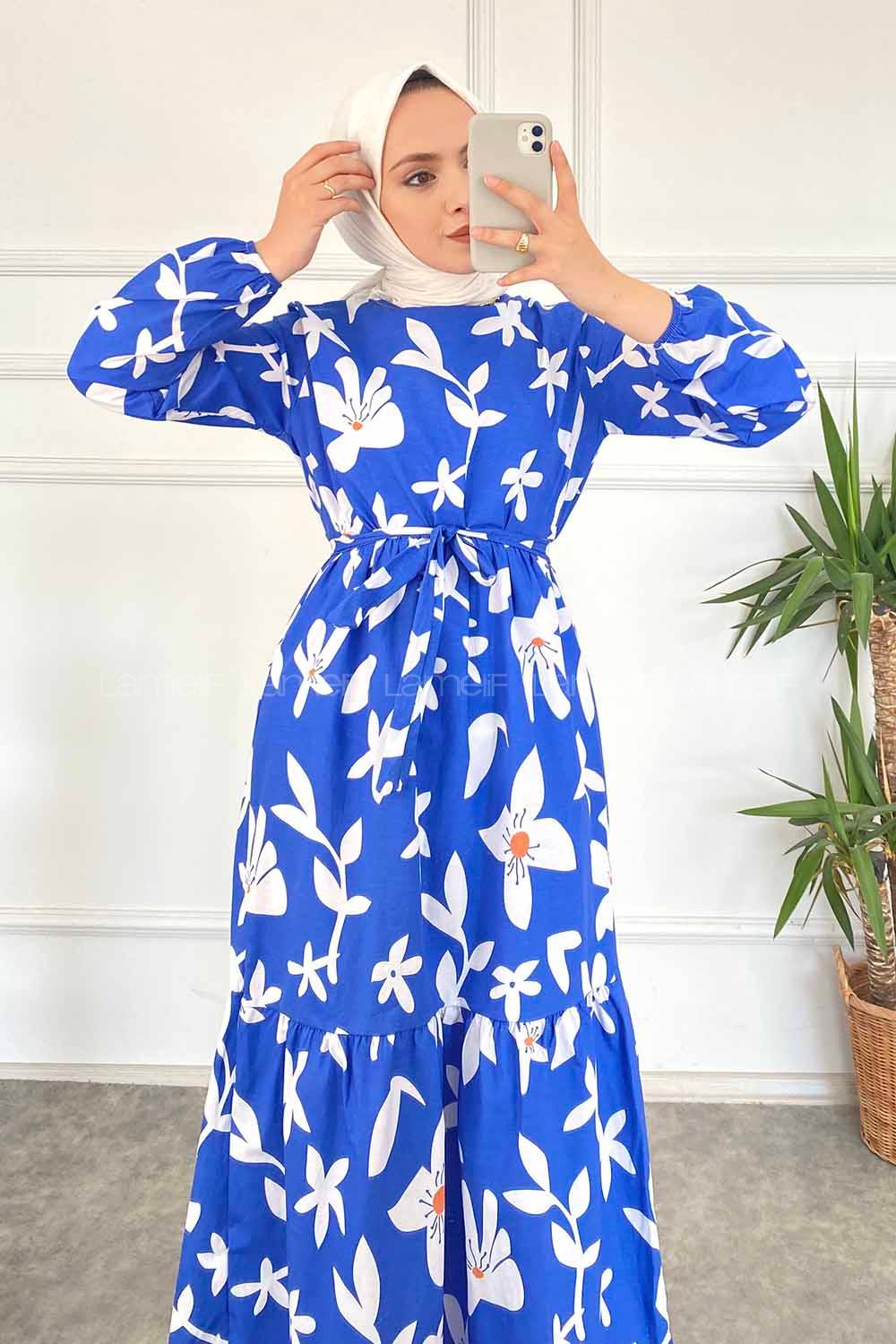 Modalamelif Bisiklet Yaka Çiçek Desenli Beli Kuşaklı Elbise İndigo