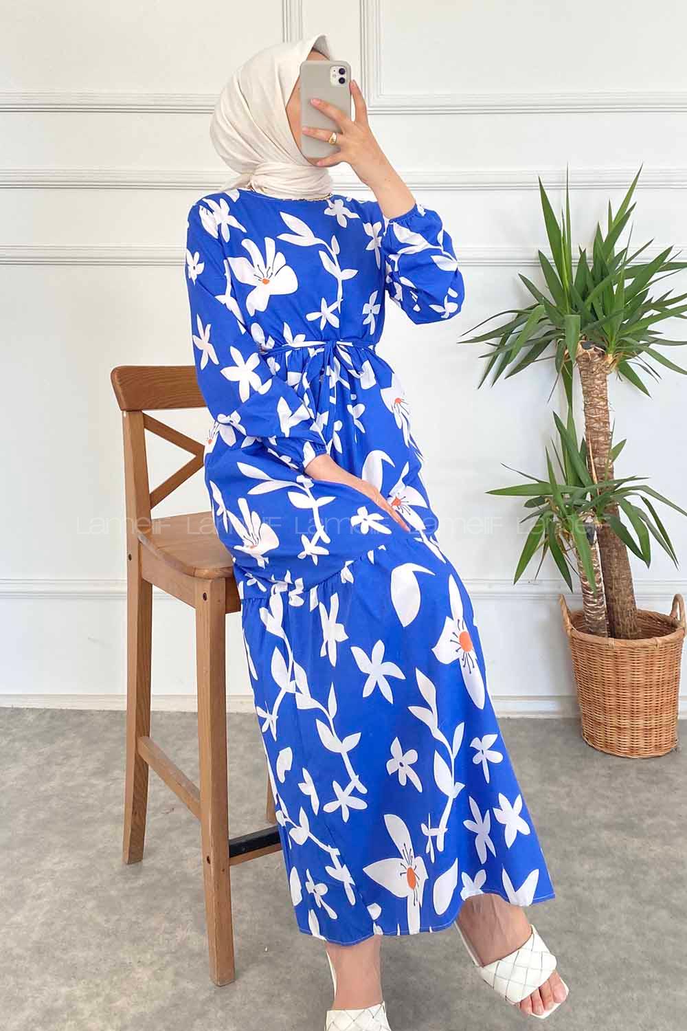 Modalamelif Bisiklet Yaka Çiçek Desenli Beli Kuşaklı Elbise İndigo