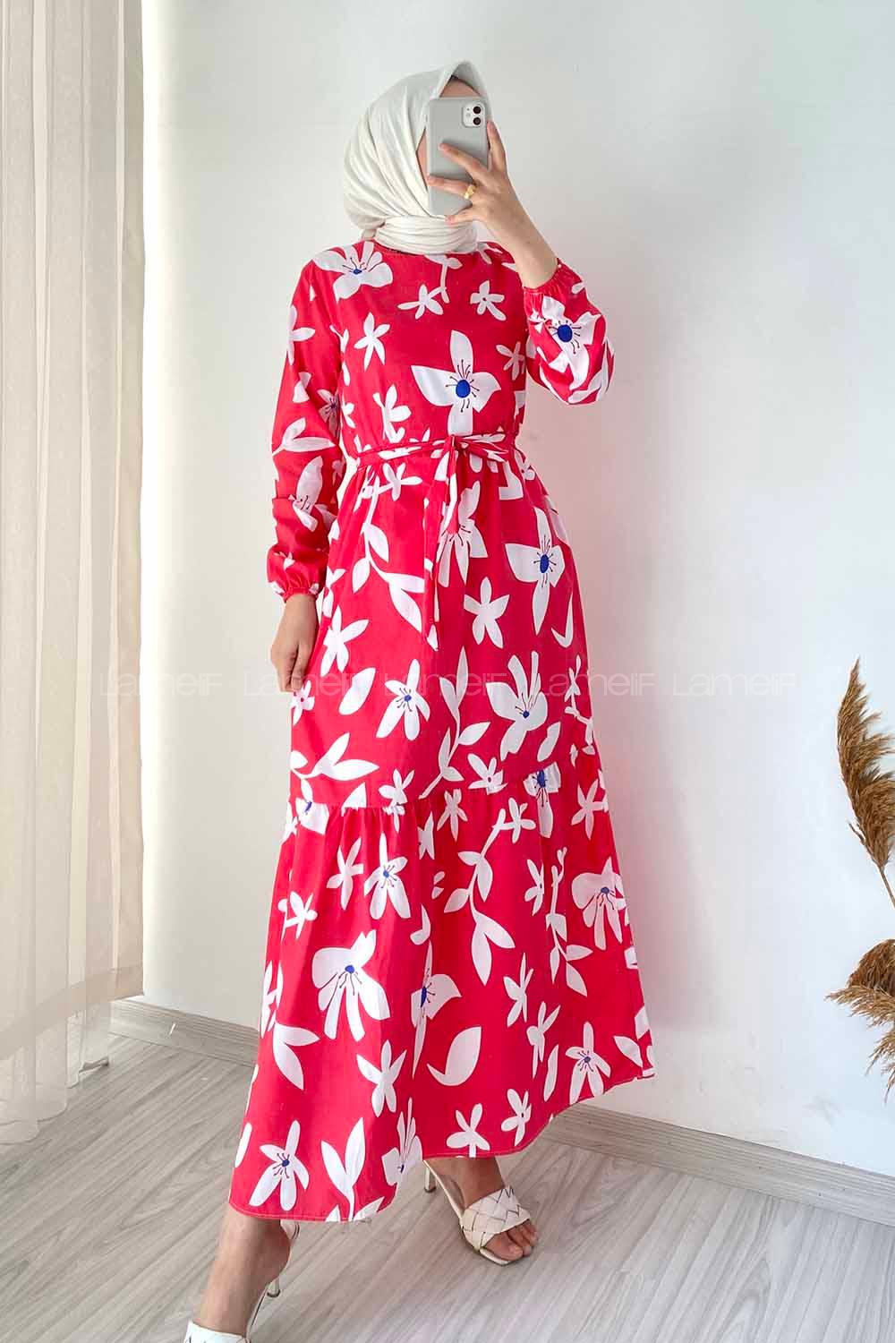 Modalamelif Bisiklet Yaka Çiçek Desenli Beli Kuşaklı Elbise Kırmızı