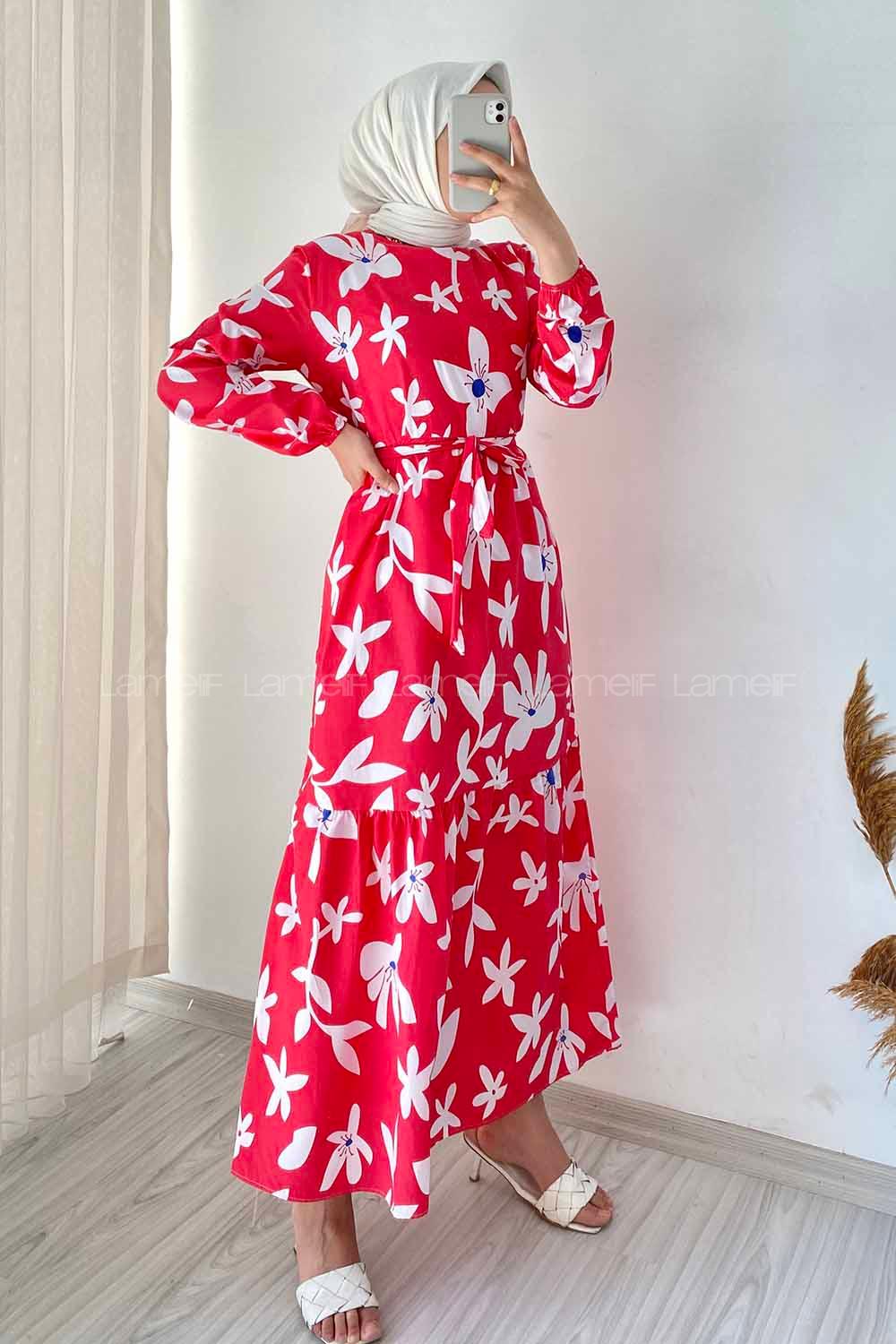 Modalamelif Bisiklet Yaka Çiçek Desenli Beli Kuşaklı Elbise Kırmızı