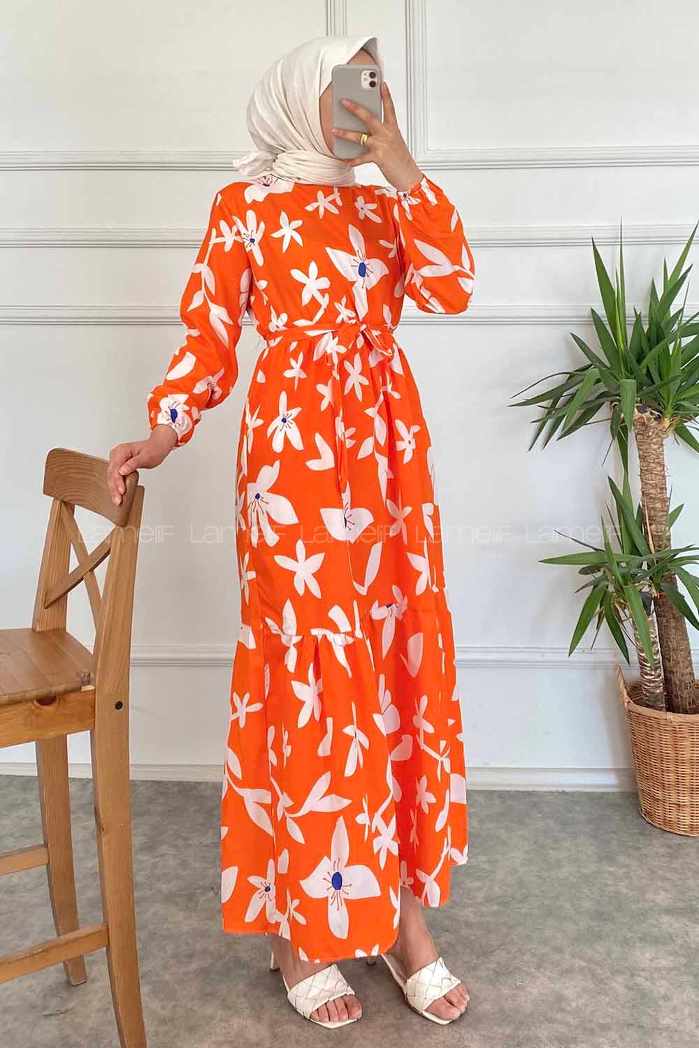 Modalamelif Bisiklet Yaka Çiçek Desenli Beli Kuşaklı Elbise Oranj