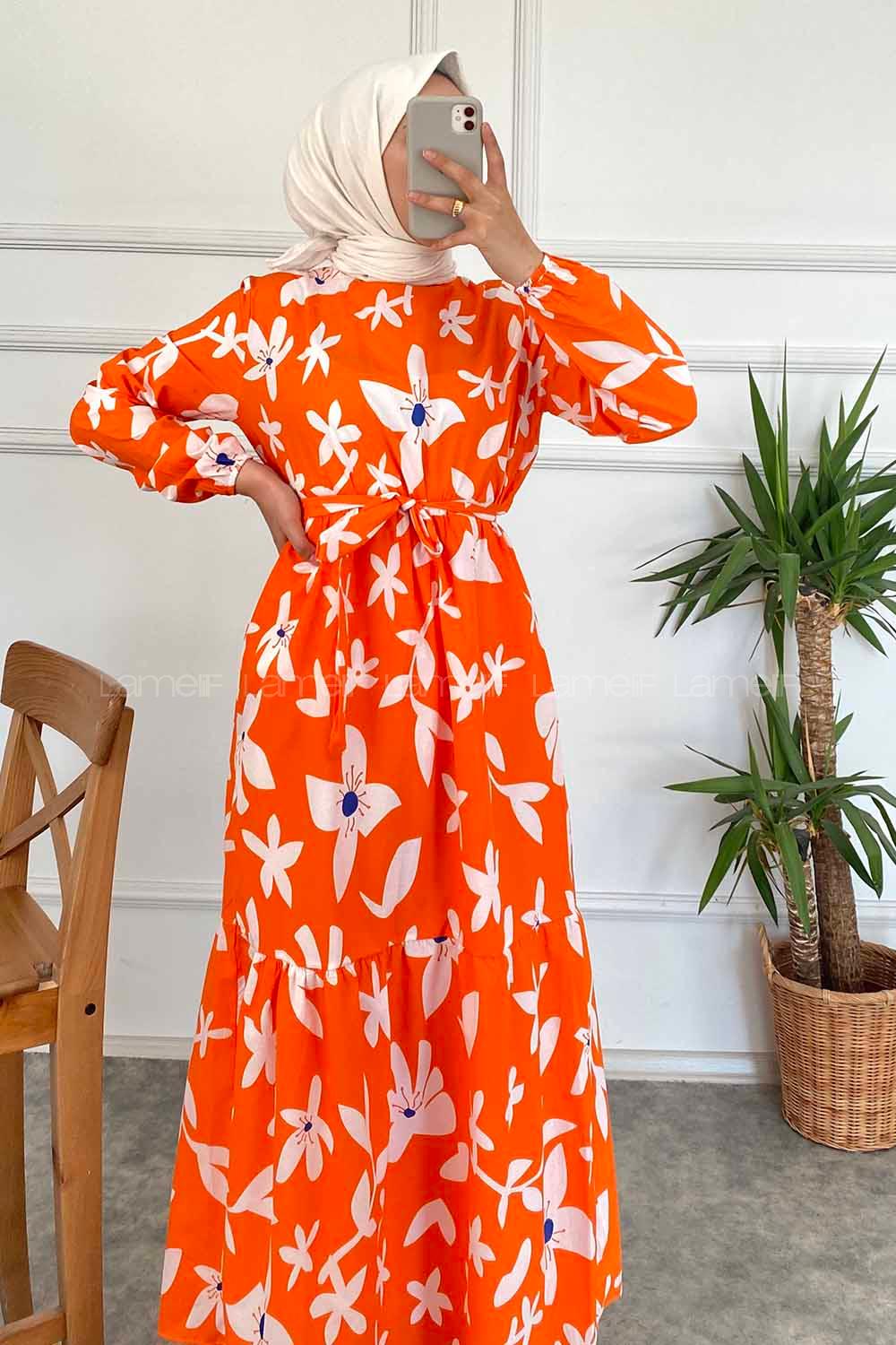 Modalamelif Bisiklet Yaka Çiçek Desenli Beli Kuşaklı Elbise Oranj