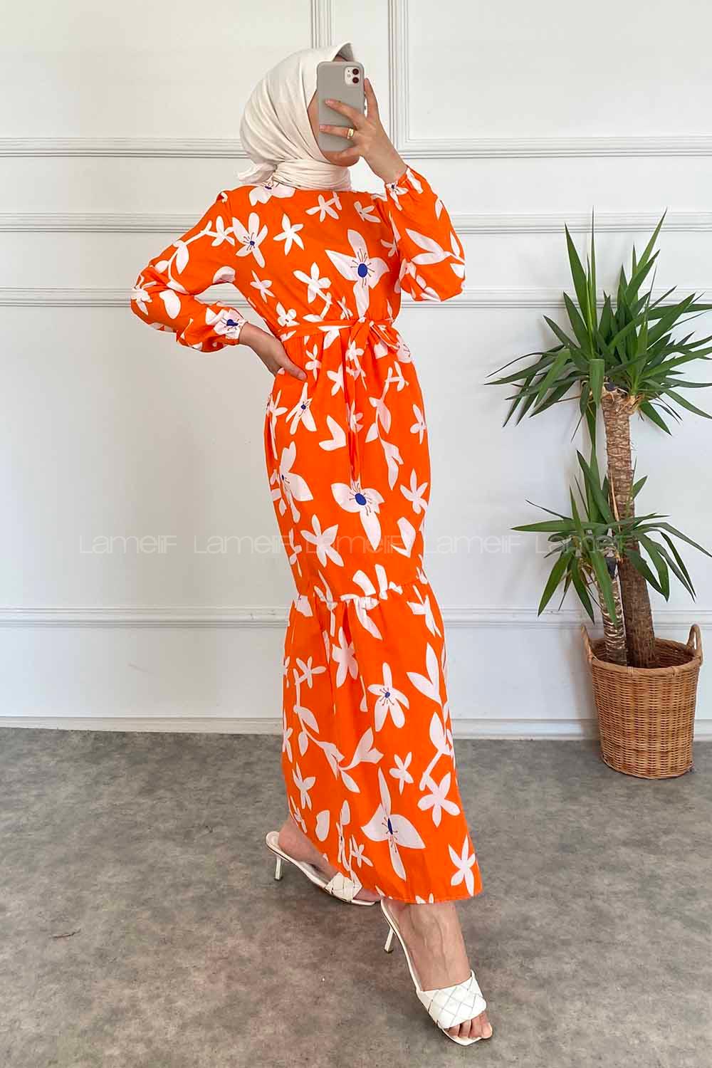 Modalamelif Bisiklet Yaka Çiçek Desenli Beli Kuşaklı Elbise Oranj
