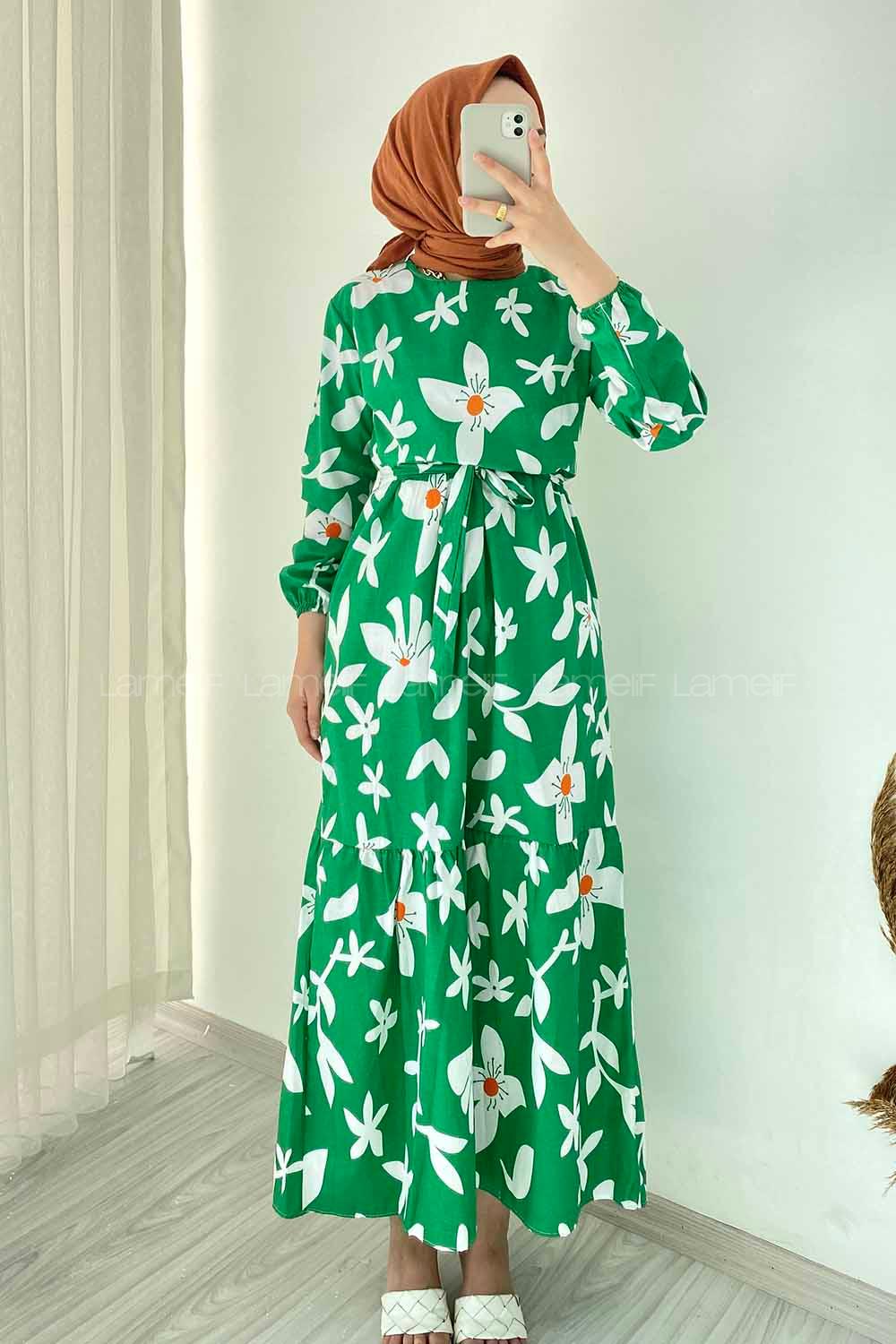 Modalamelif Bisiklet Yaka Çiçek Desenli Beli Kuşaklı Elbise Yeşil