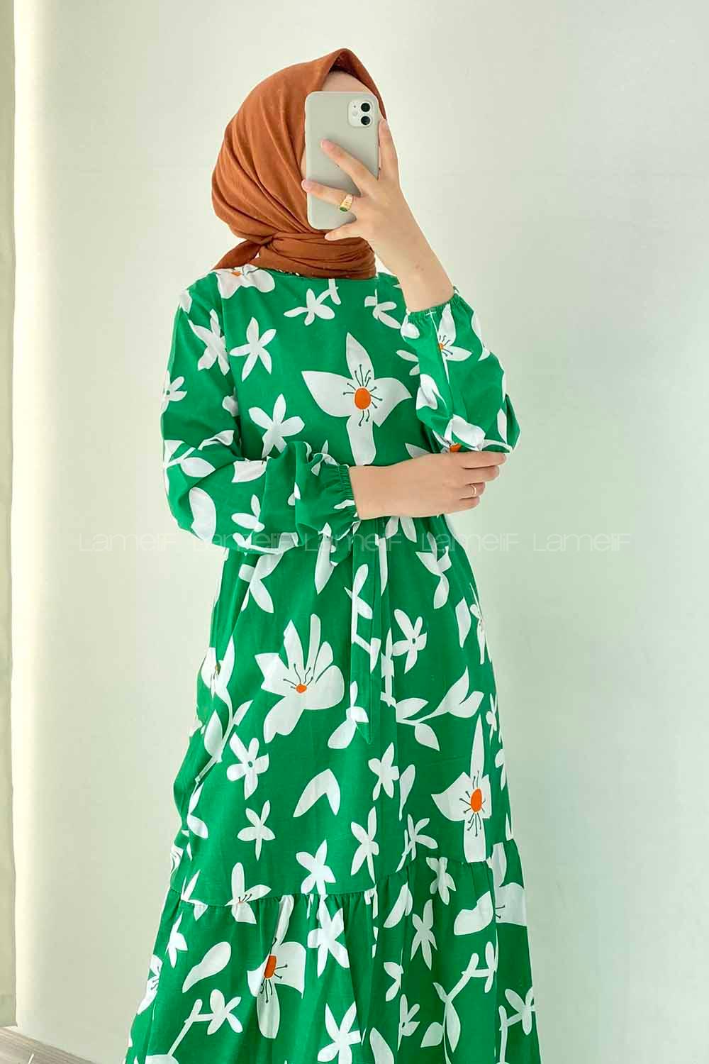 Modalamelif Bisiklet Yaka Çiçek Desenli Beli Kuşaklı Elbise Yeşil