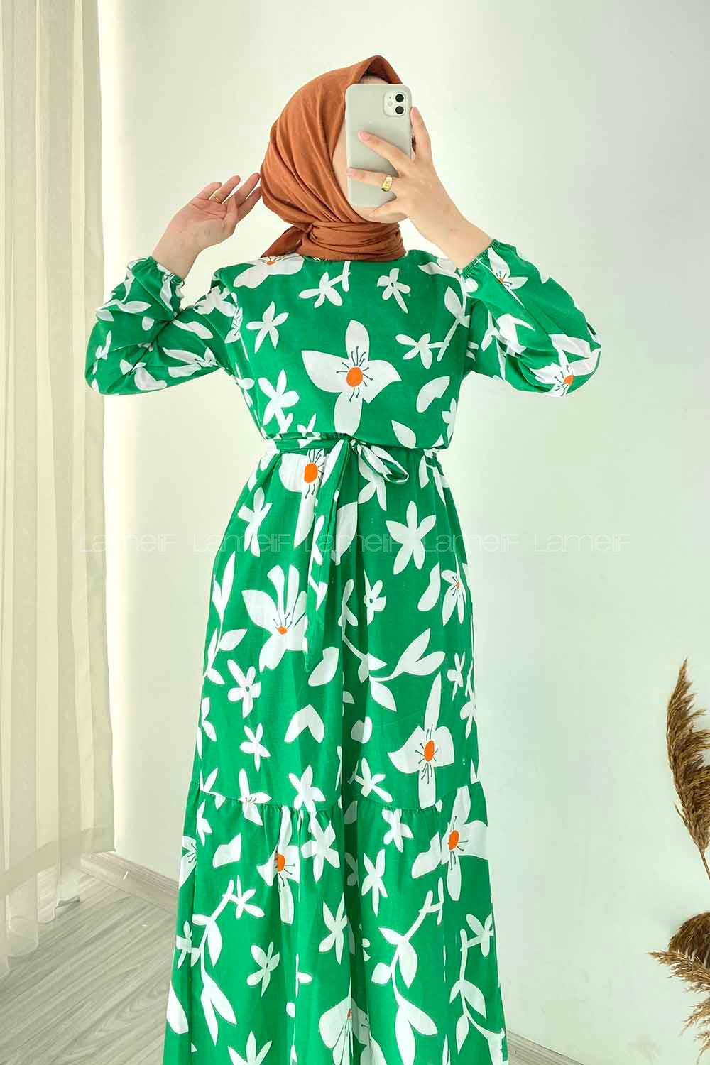 Modalamelif Bisiklet Yaka Çiçek Desenli Beli Kuşaklı Elbise Yeşil