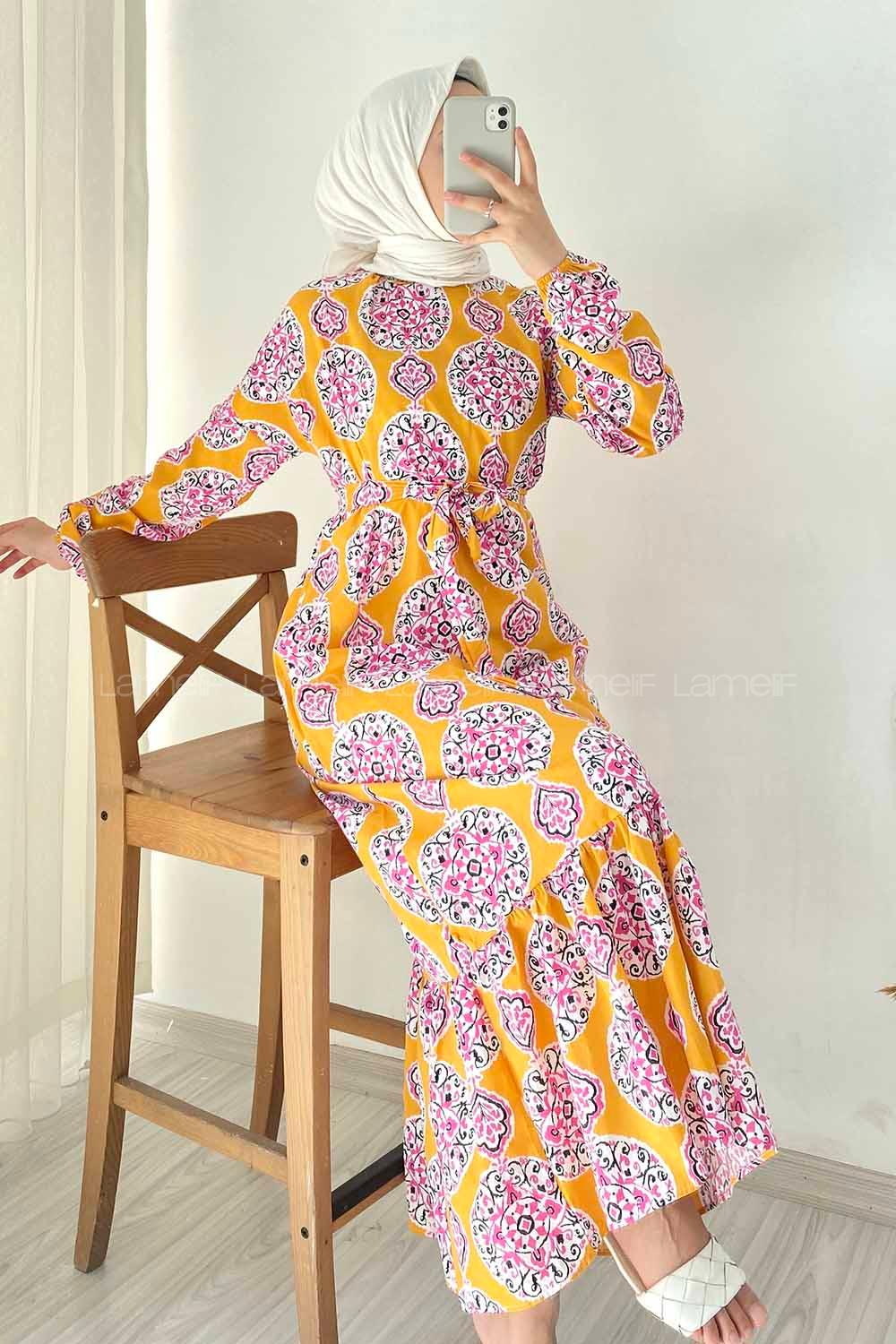 Modalamelif Bisiklet Yaka Kilim Desen Beli Kuşaklı Fırfırlı Elbise Hardal Sarısı