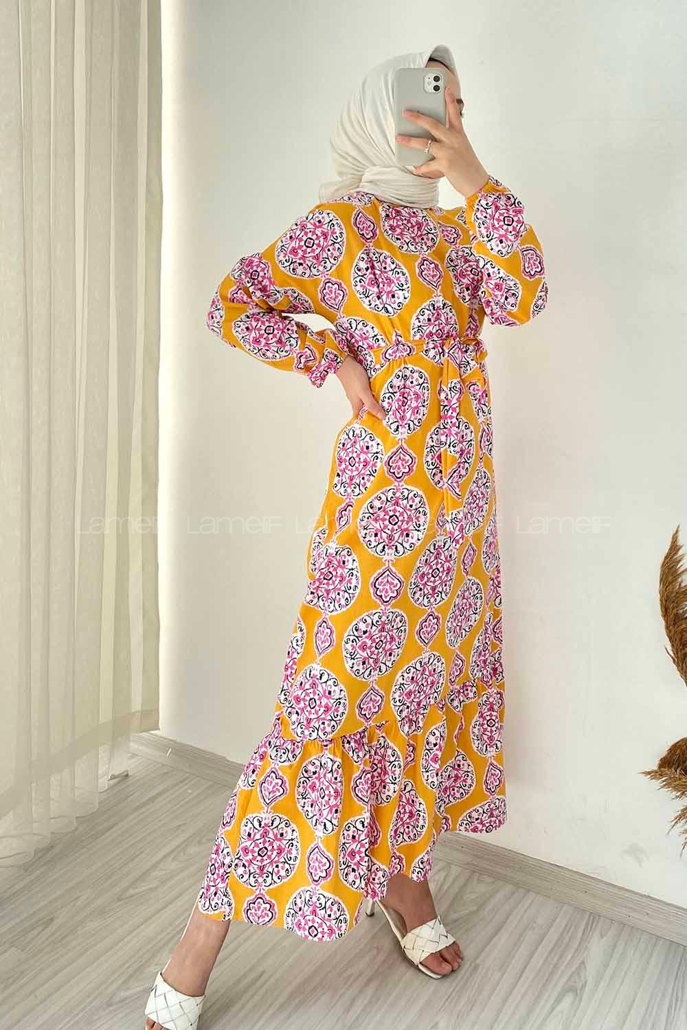 Modalamelif Bisiklet Yaka Kilim Desen Beli Kuşaklı Fırfırlı Elbise Hardal Sarısı