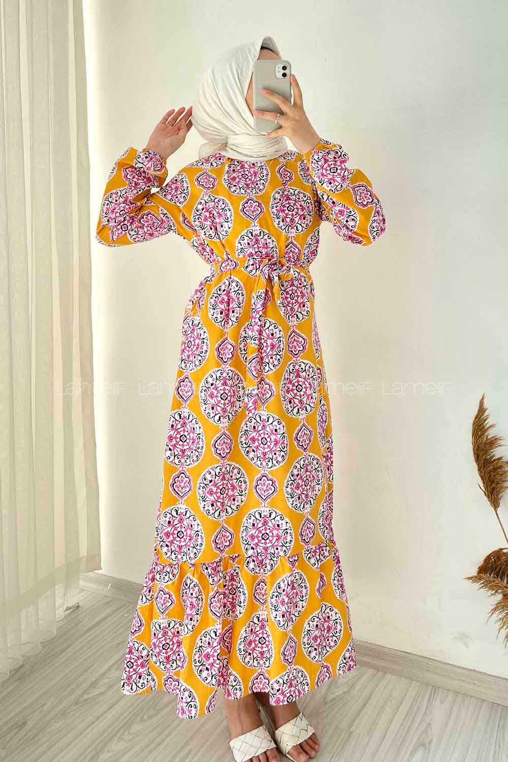 Modalamelif Bisiklet Yaka Kilim Desen Beli Kuşaklı Fırfırlı Elbise Hardal Sarısı