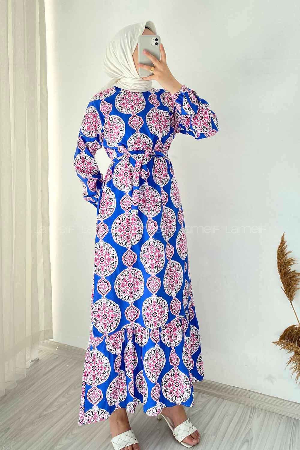 Modalamelif Bisiklet Yaka Kilim Desen Beli Kuşaklı Fırfırlı Elbise  İndigo