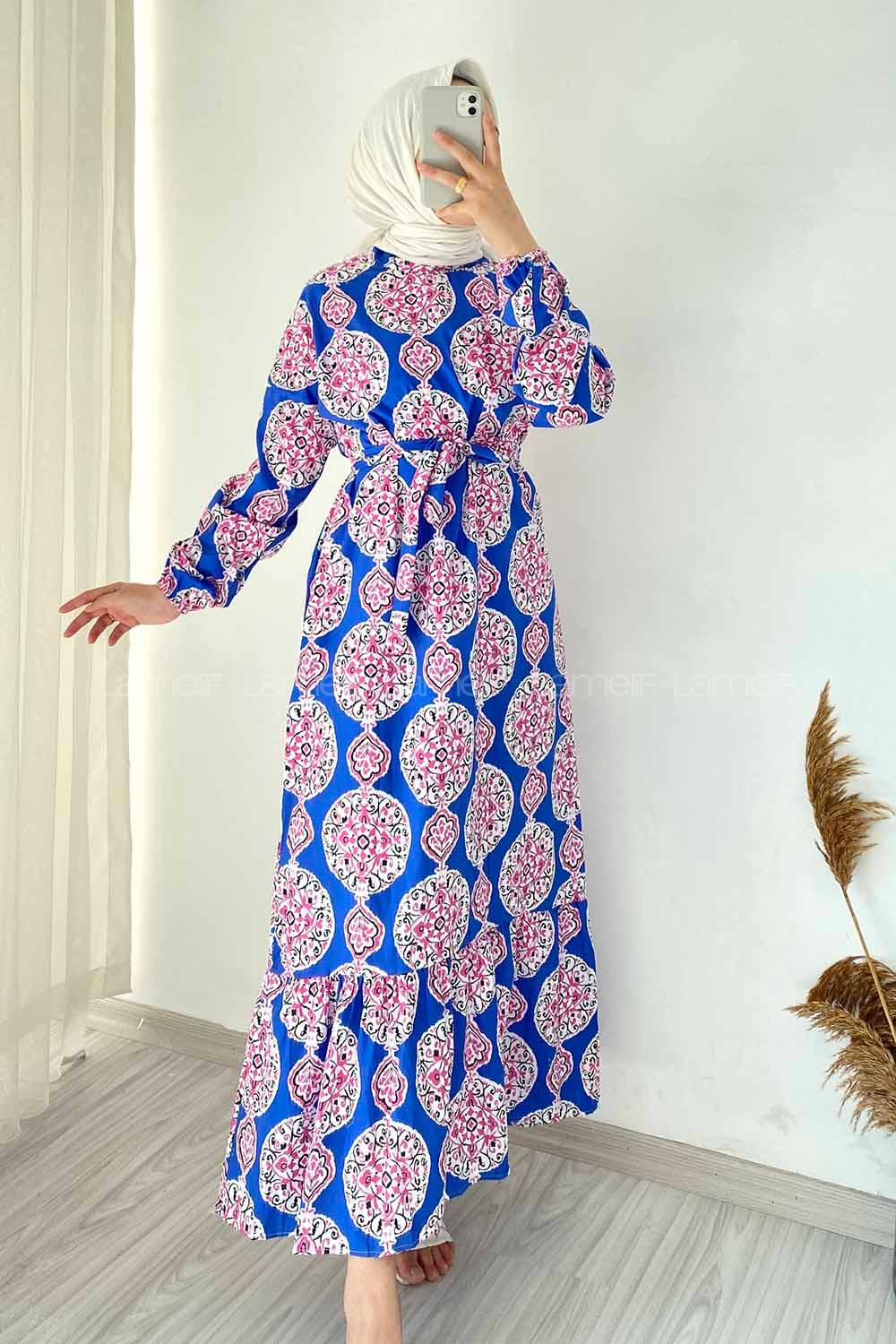 Modalamelif Bisiklet Yaka Kilim Desen Beli Kuşaklı Fırfırlı Elbise  İndigo