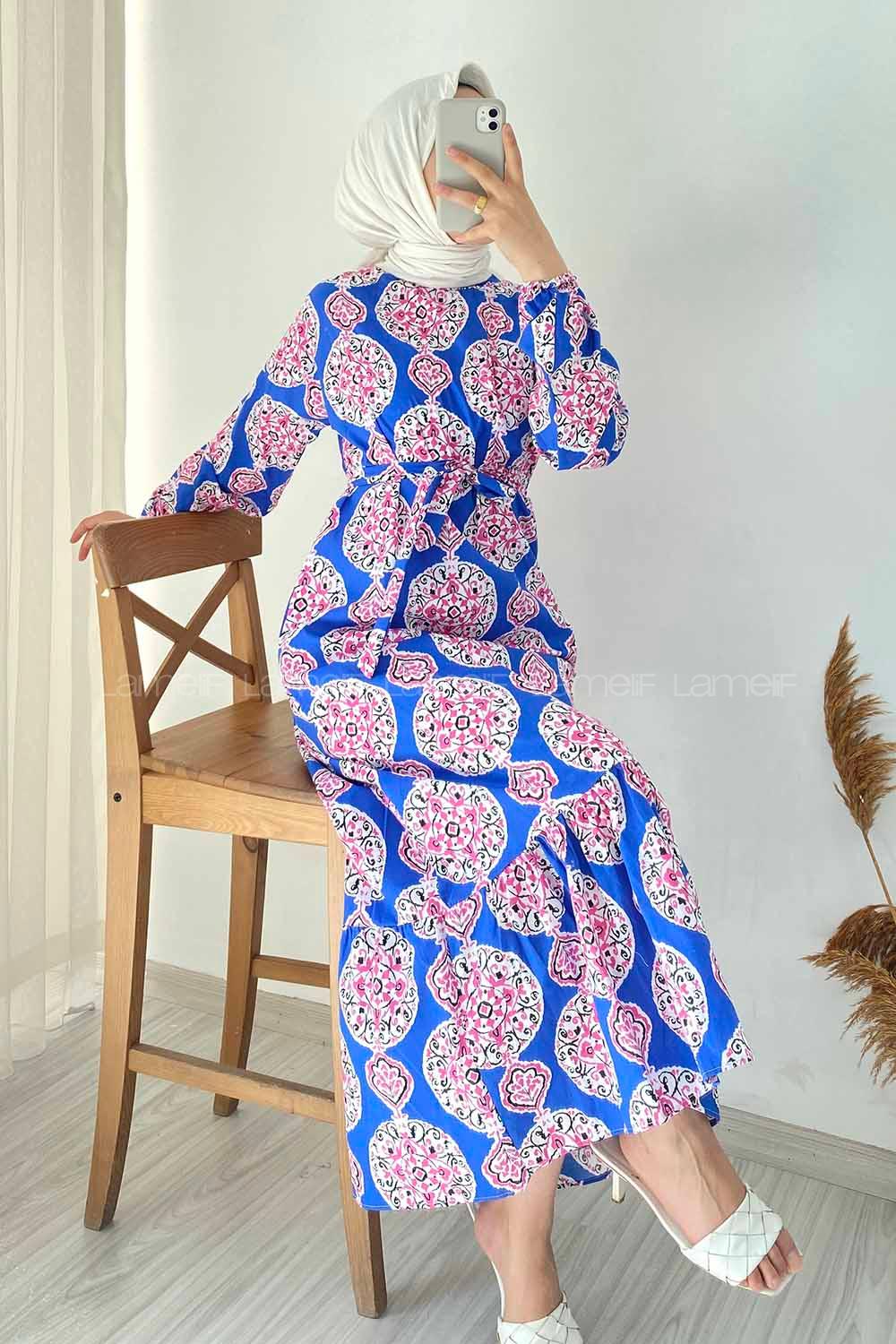 Modalamelif Bisiklet Yaka Kilim Desen Beli Kuşaklı Fırfırlı Elbise  İndigo