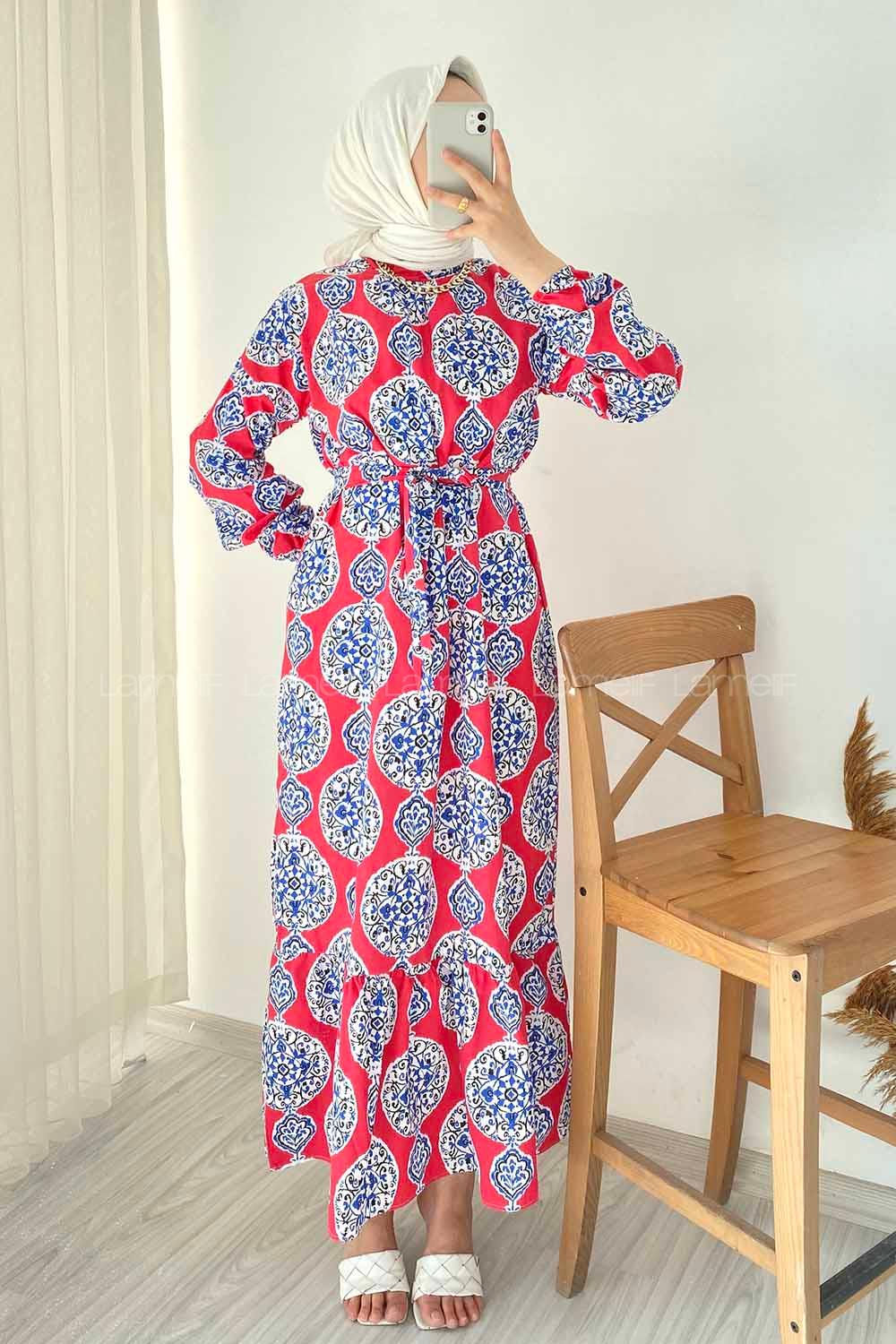 Modalamelif Bisiklet Yaka Kilim Desen Beli Kuşaklı Fırfırlı Elbise  Kırmızı